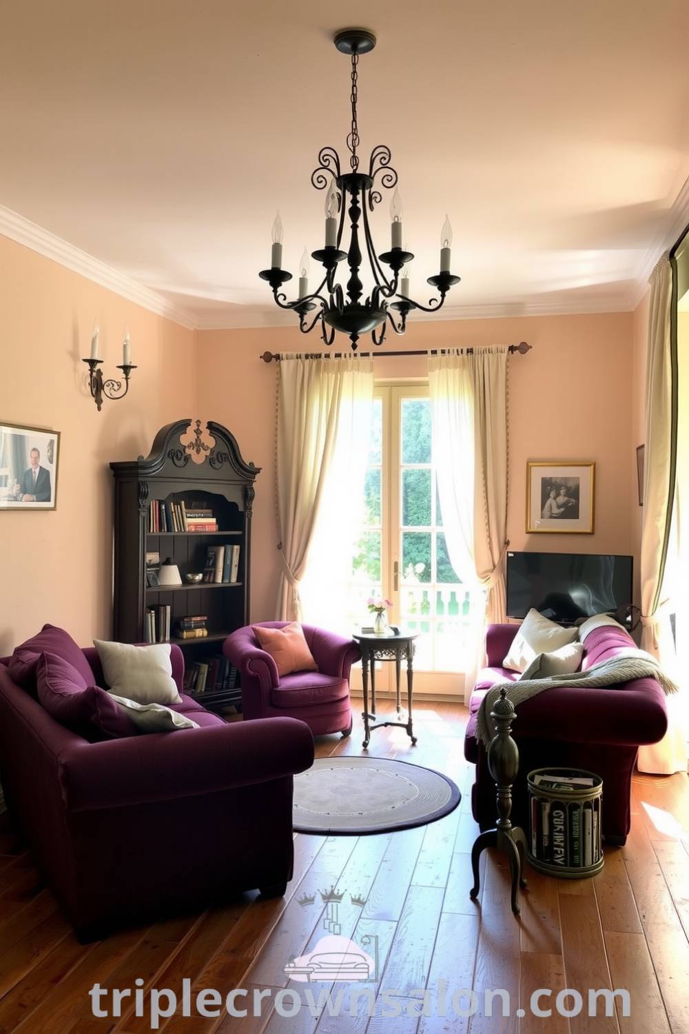 Cozy French living room featuring beige walls, an elegant chandelier, overstuffed burgundy furniture, a vintage bookshelf with knickknacks, and sheer curtains, creating a warm and inviting atmosphere. Visit triplecrownsalon.com for more cozy decor ideas.