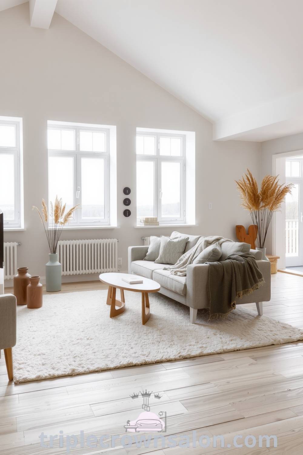 Scandinavian living room featuring soft neutral tones, natural light, light-toned wooden floors, a plush area rug, minimalist furniture, a cozy throw, and handmade ceramic vases with dried grasses, exemplifying cozy home decor ideas from triplecrownsalon.com.