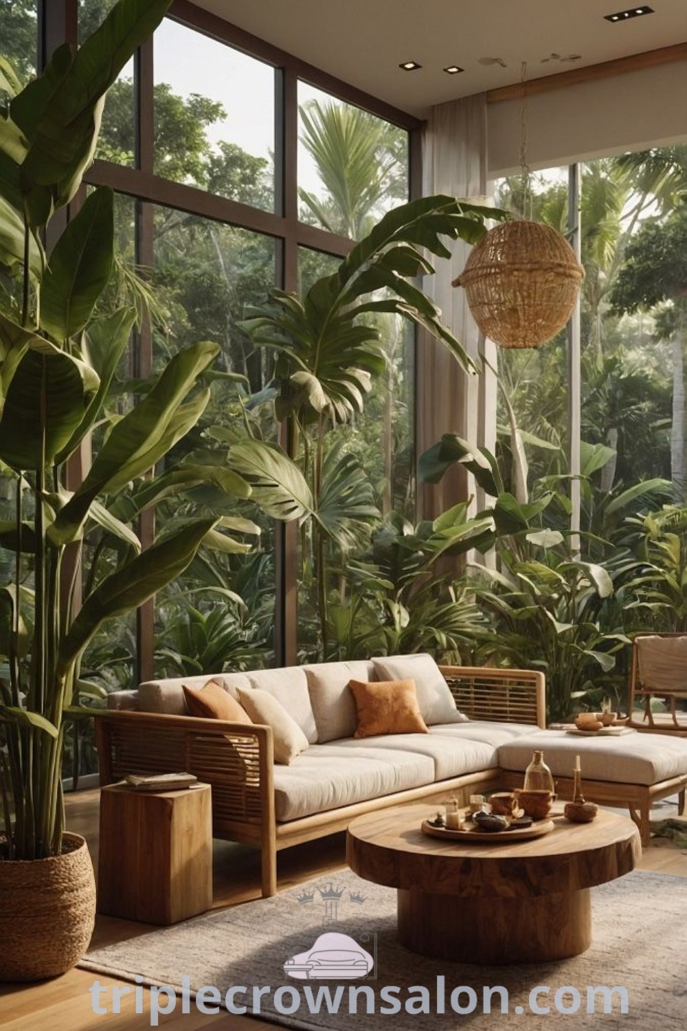 A biophilic living room featuring abundant greenery, stylish furniture, and large glass windows, exuding a cozy aesthetic. This inspiring decor provides unique ideas for your home, emphasizing tropical design trends and inviting nature indoors. Discover more decor ideas at triplecrownsalon.com.