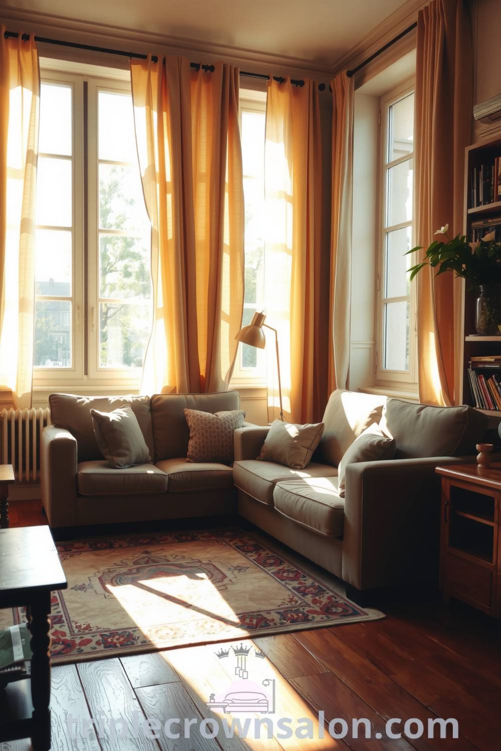 Cozy French living room featuring soft linen curtains, an overstuffed sofa with patterned throw pillows, rich wooden floors, a faded rug, and a bookshelf, providing a warm and inviting atmosphere perfect for relaxation. For more cozy design ideas, visit triplecrownsalon.com.