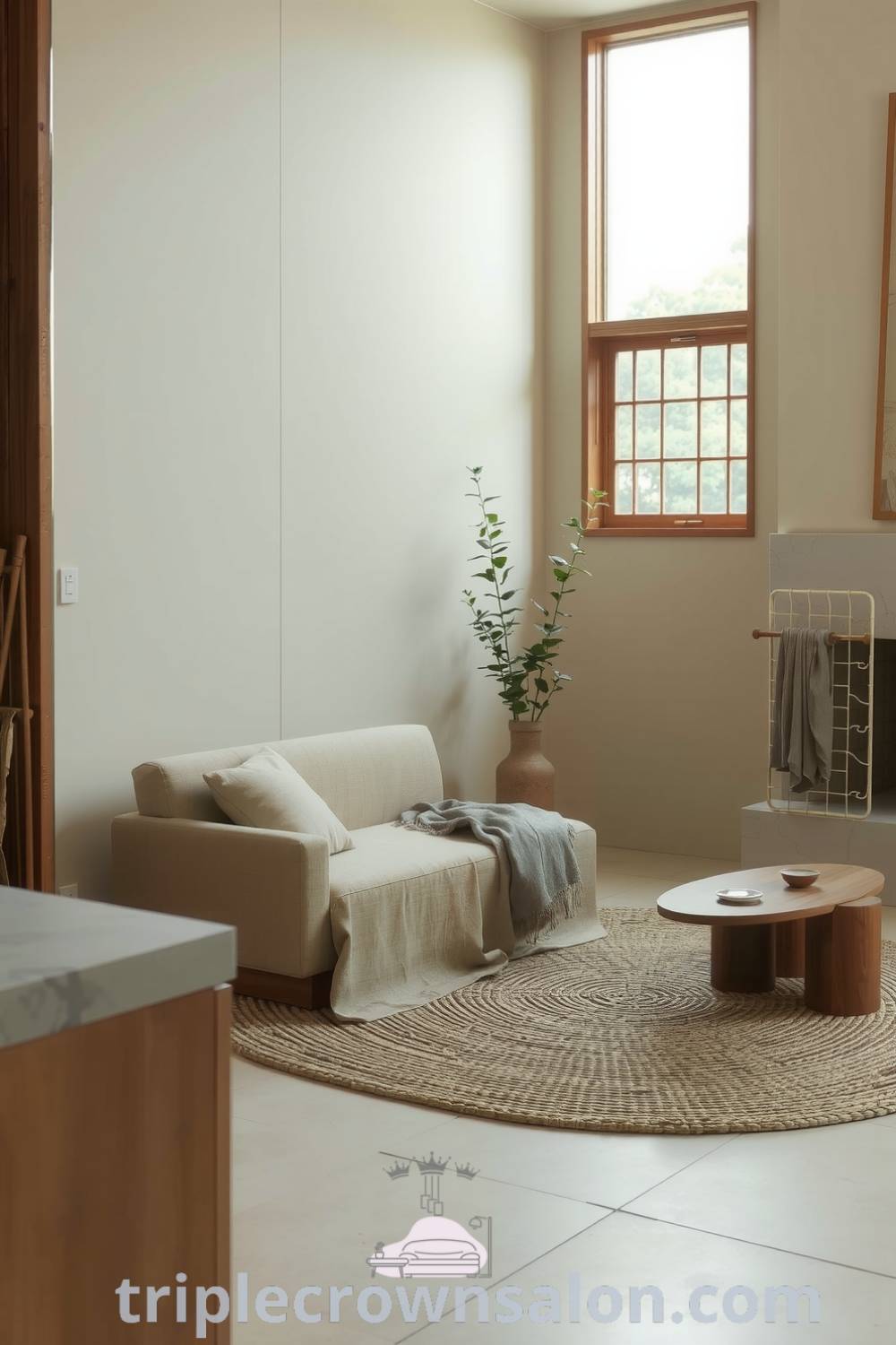 Japandi living room featuring soft beige tones, natural wood accents, a low-profile linen sofa, woven area rug, handcrafted decor, and a tall indoor plant, creating a cozy and minimalist design idea for your home at triplecrownsalon.com.