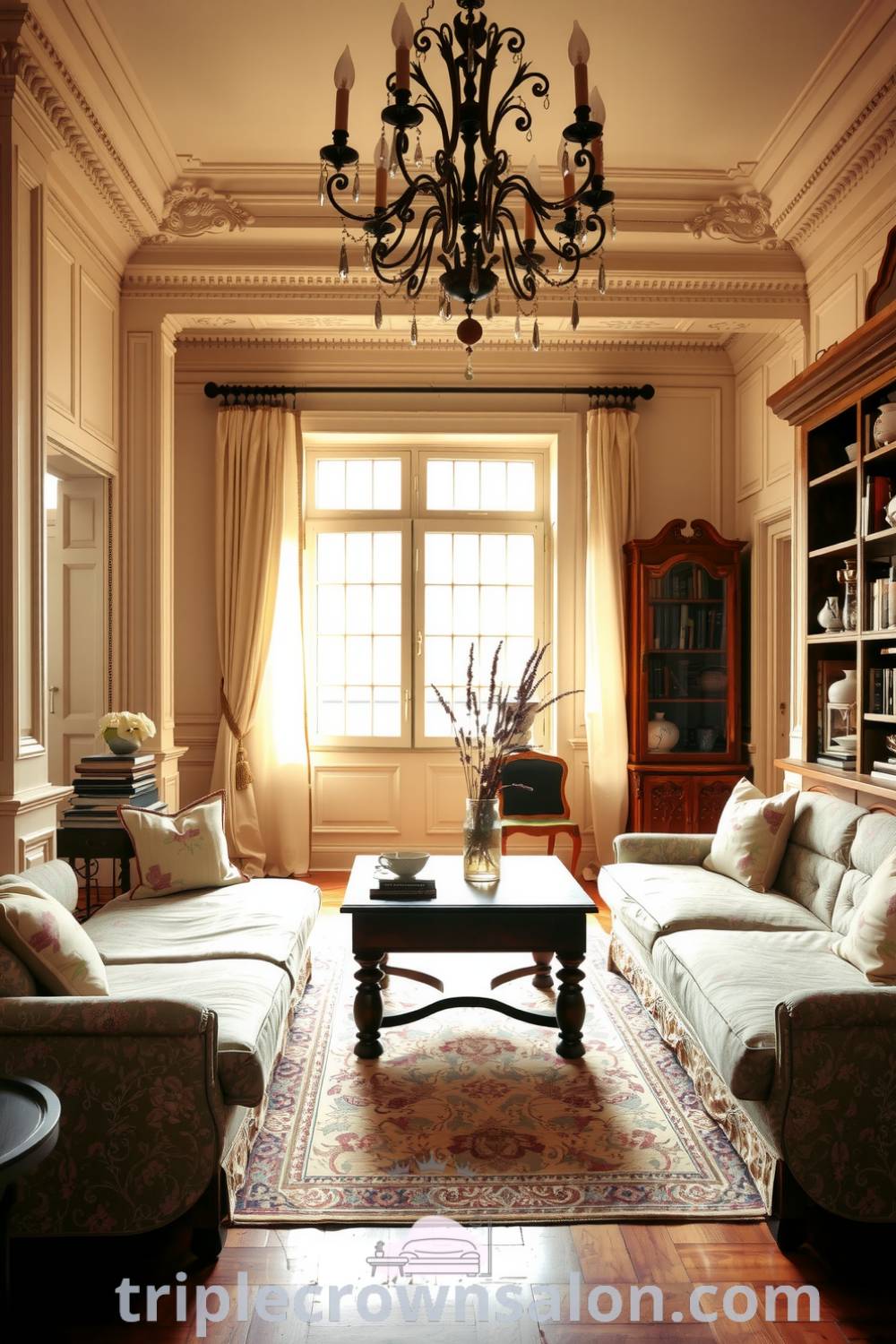 Cozy French living room with soft beige walls, a plush floral sofa, a rustic coffee table, a tall bookshelf filled with novels and porcelain, and a vintage chandelier. Perfect for inspiring cozy home decor ideas and design inspirations. Visit triplecrownsalon.com for decor ideas for small spaces.