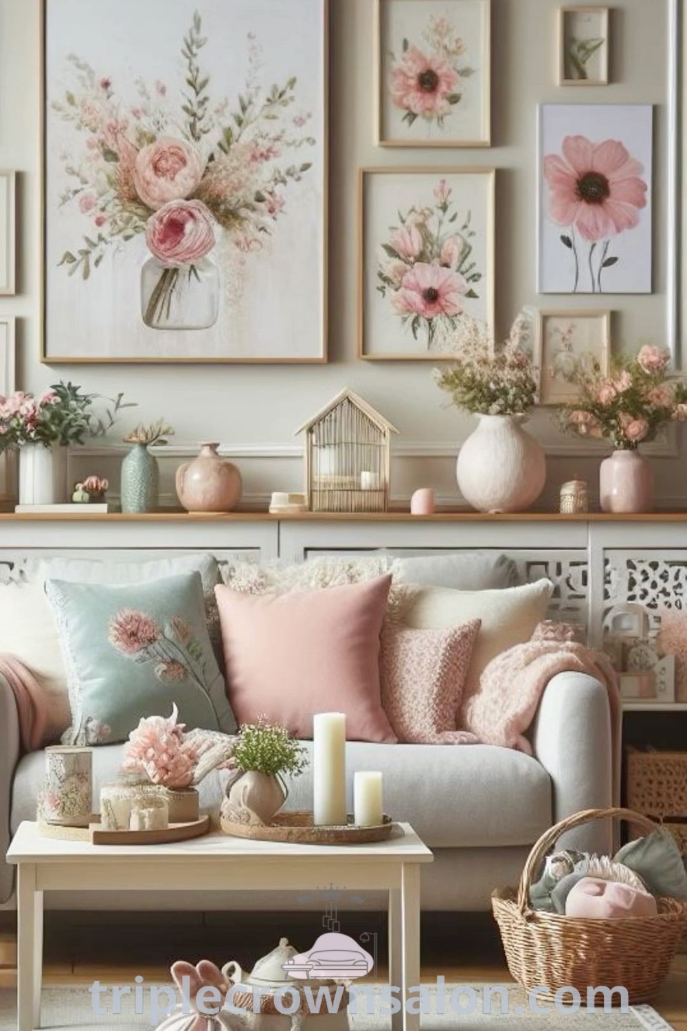 A cozy blush living room filled with elegant furniture and floral decorations, showcasing a beautiful centerpiece on the coffee table. This inviting space highlights unique ideas and decor inspirations for your home. Explore more cozy home ideas at triplecrownsalon.com.