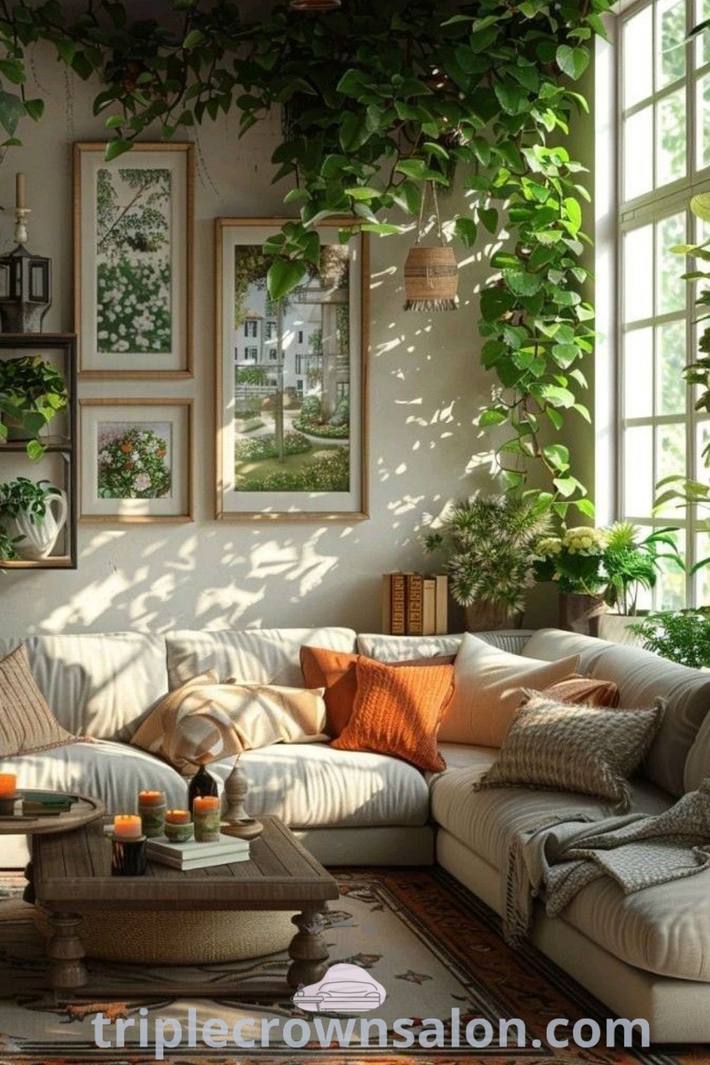 A cozy living room filled with furniture and lush plants, showcasing green linen curtains and decor ideas that reflect cozy maximalism and Japandi design. This inviting space offers unique ideas and inspirations for your home. Explore more decor ideas for small spaces at triplecrownsalon.com.