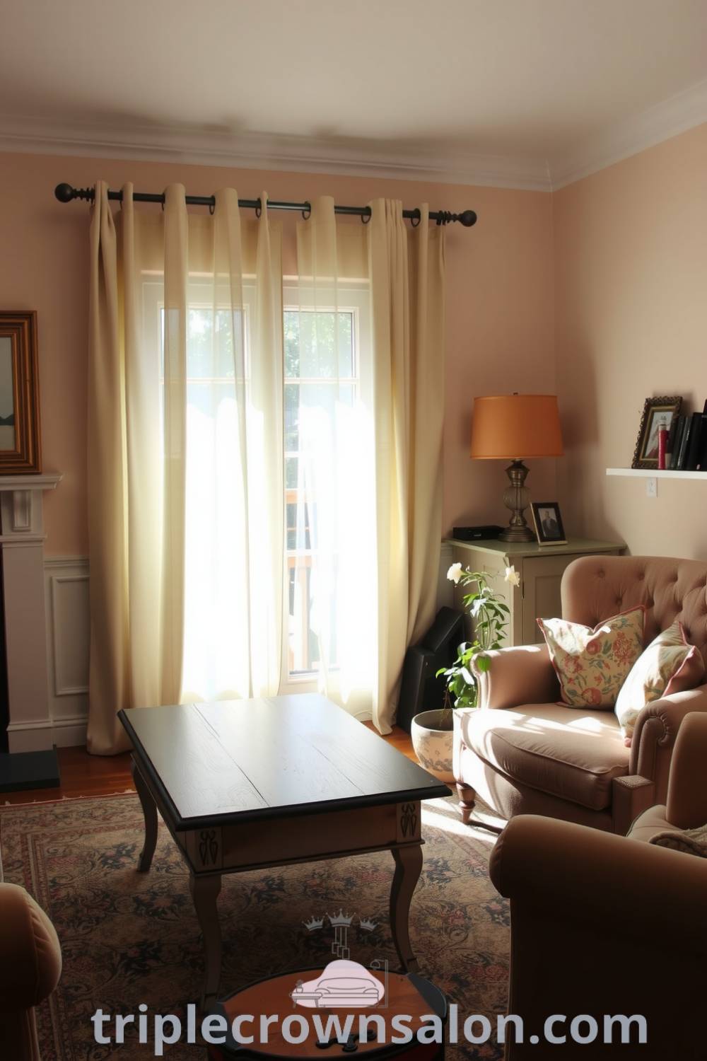 Cozy French living room featuring soft pastel walls, a vintage wooden coffee table, a plush armchair, sunlight filtering through sheer curtains, and a crackling fireplace, offering inspiring cozy home decor ideas for small spaces on triplecrownsalon.com.