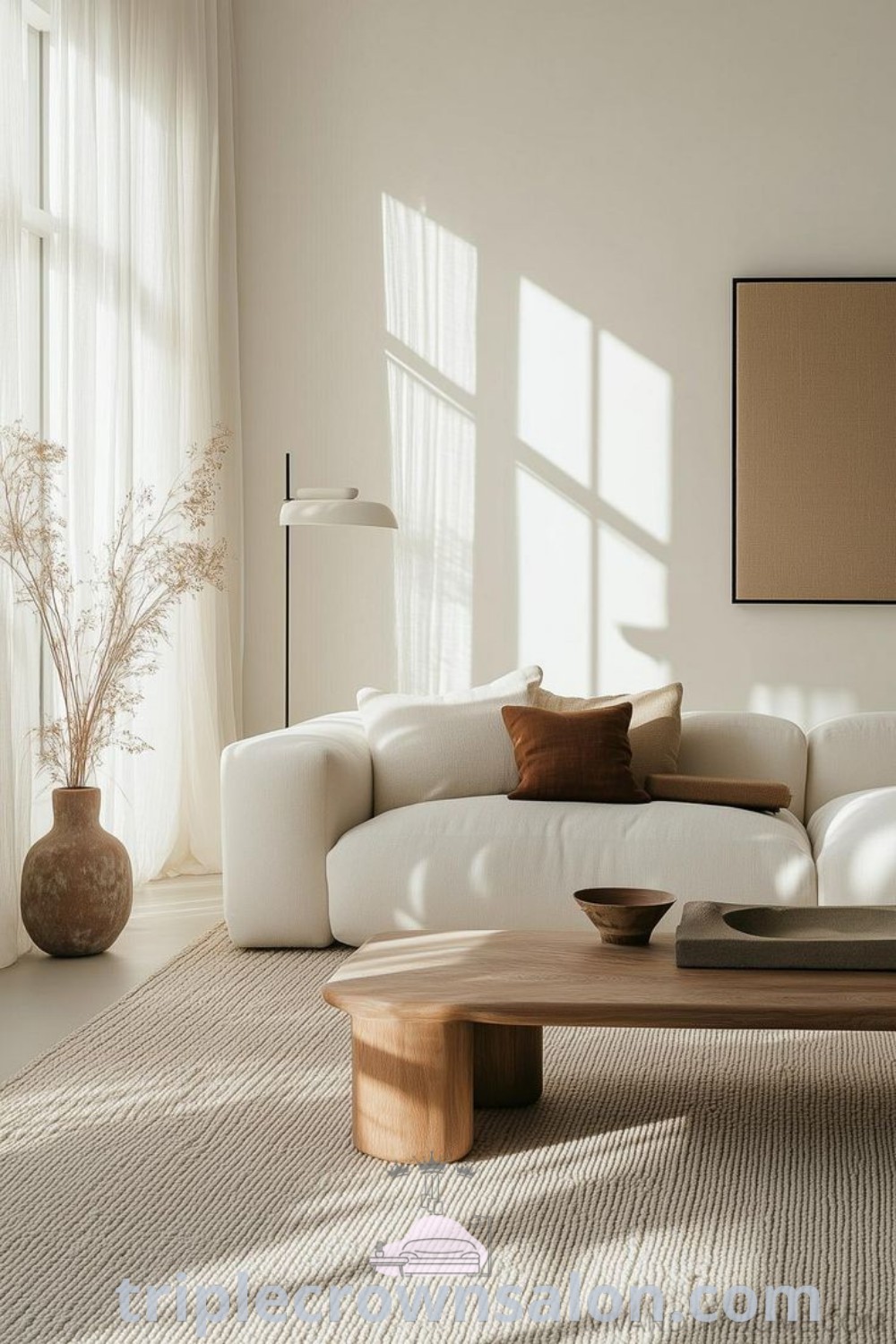 A modern living room design with white couches and coffee table, showcasing minimalistic interior aesthetics suited for small spaces. This cozy home environment offers inspiring design trends and unique decor ideas. For more inspirations, visit triplecrownsalon.com.
