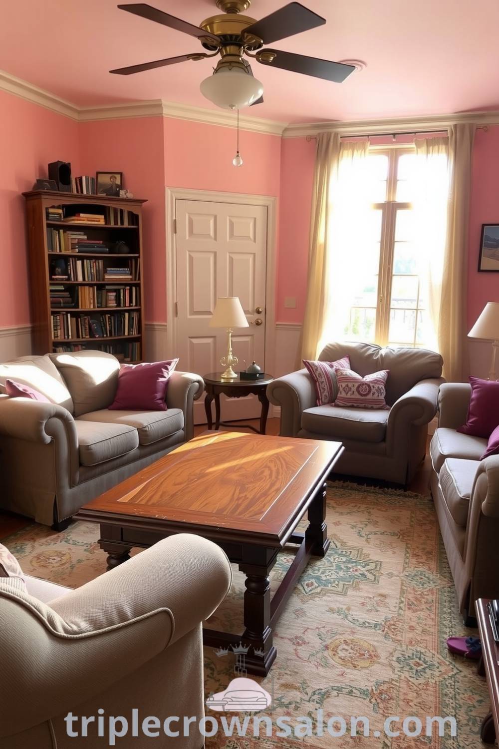 Cozy living room featuring soft pink walls, overstuffed sofas, a vintage rug, and a wooden coffee table, creating an inviting atmosphere ideal for gatherings and family time, represented on fireplacesandwoodstoves.com with unique decor ideas and inspirations for your home.