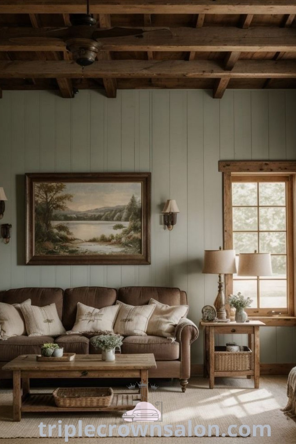 A cozy Scandinavian living room featuring stylish couches, tables, and lamps on either side of a window, creating a warm and inviting atmosphere. Discover charming decor ideas and inspirations for cozy homes at triplecrownsalon.com.