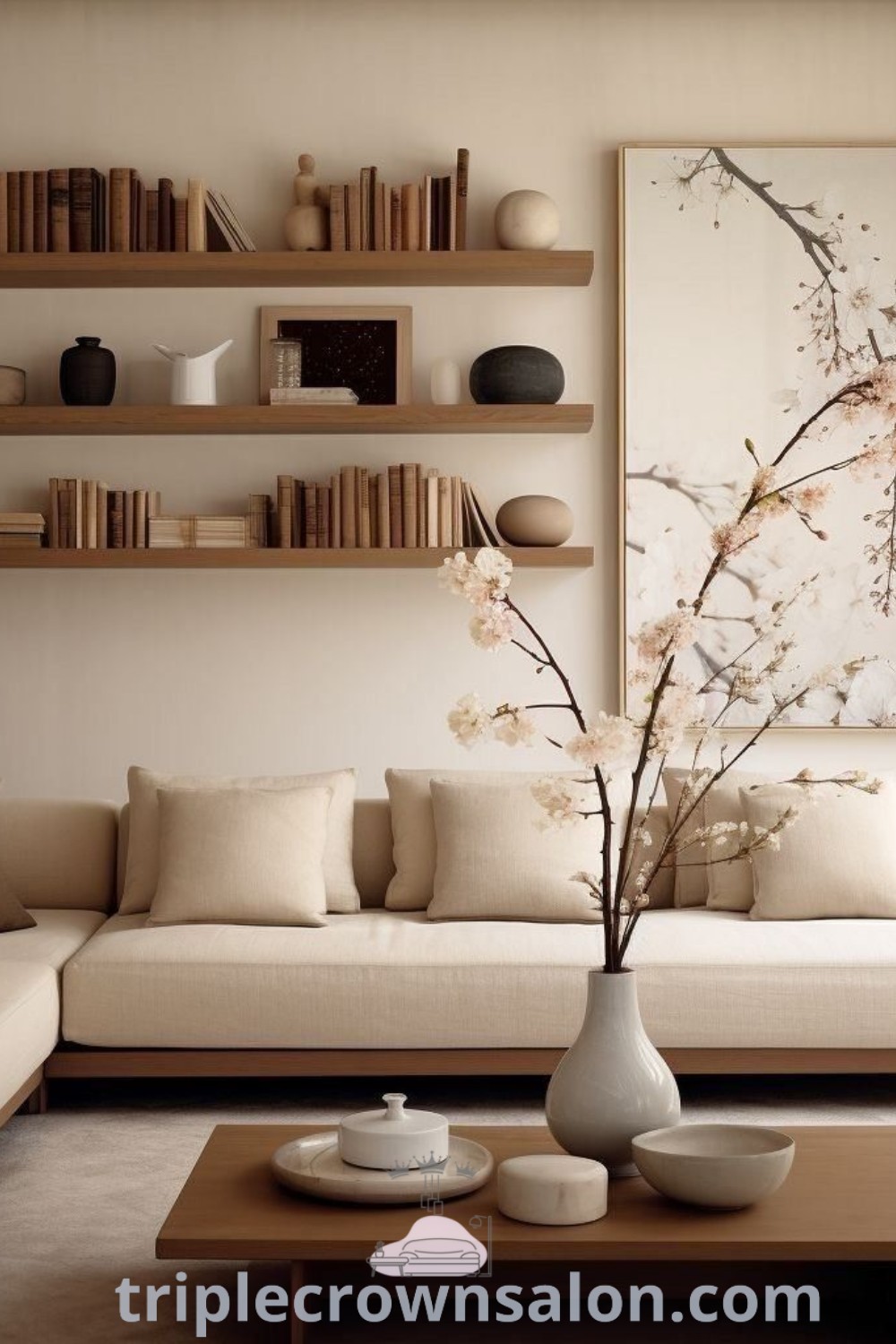 A chic Japandi living room filled with modern furniture, soft curtains, and a stylish TV unit, showcasing unique decor ideas that blend functionality and aesthetics. This inspiring space offers cozy ideas for your home, reflecting the latest design trends. Discover more decor inspirations at triplecrownsalon.com.