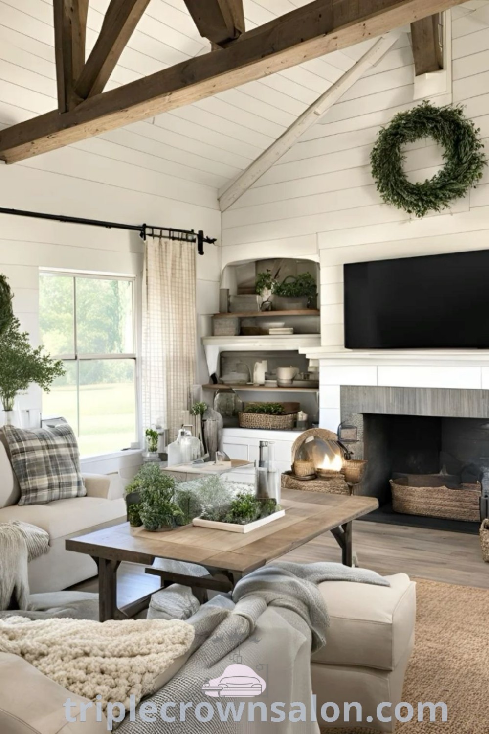 A cozy Southern farmhouse living room with furniture arranged around a fireplace, complemented by warm decor and design inspirations for modern farmhouse aesthetics. Perfect for ideas for your home, this inviting space showcases decor ideas for small spaces, offering unique tips for creating a cozy atmosphere. Discover more design ideas at triplecrownsalon.com.