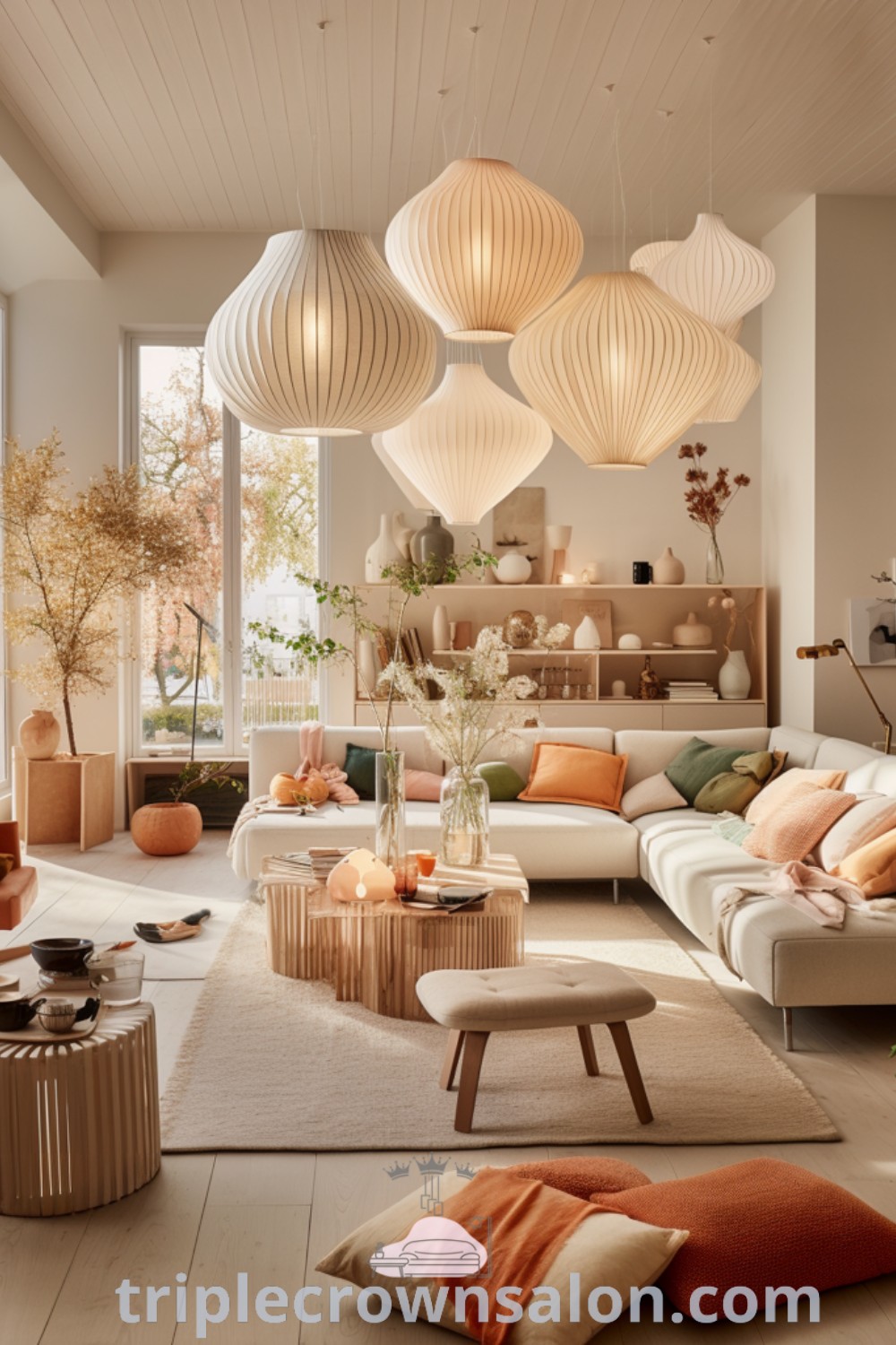 A boho natural living room featuring a beige couch with orange accents, lots of furniture, and hanging lamps, illuminated by large windows. This cozy aesthetic offers inspiring decor ideas for your home, perfect for living room design and decor inspirations. Explore more at triplecrownsalon.com.