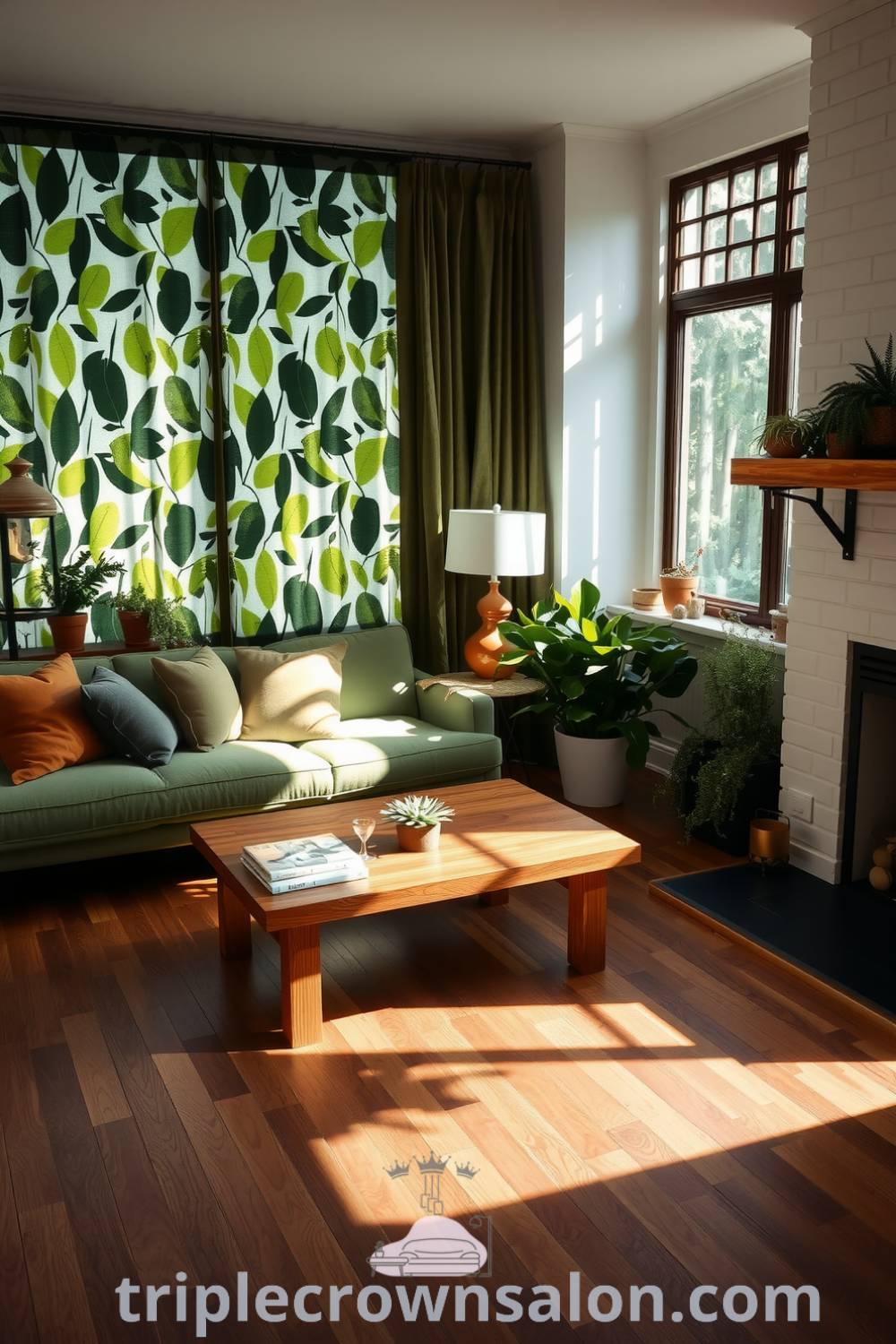 Cozy living room featuring sunlight filtered through leaf-patterned curtains, walnut floorboards, a moss-green sofa with earthy throw pillows, a rustic reclaimed wood coffee table, and potted ferns and succulents, making it a serene and inspiring retreat, perfect for house or apartment design ideas on triplecrownsalon.com.