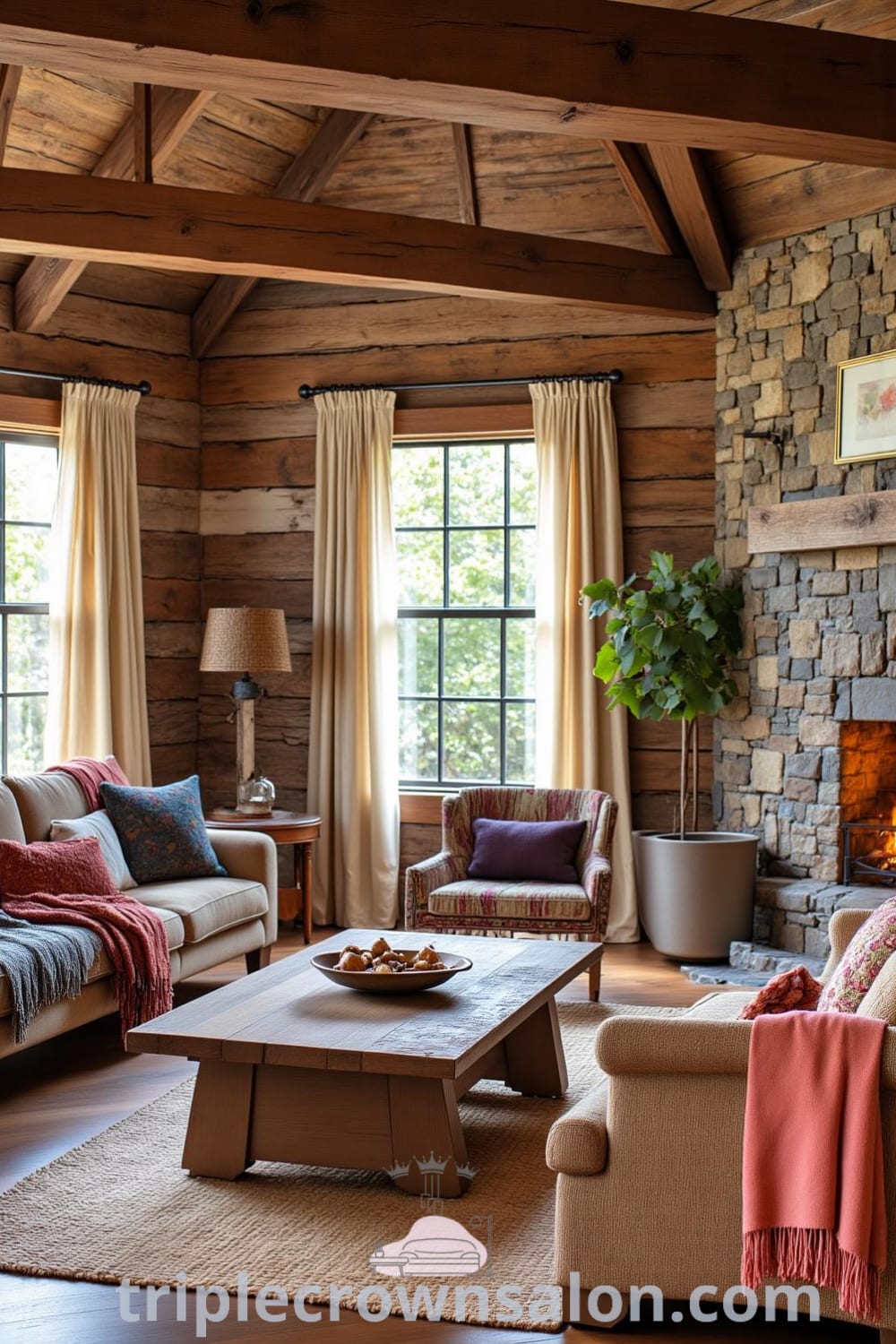 Rustic living room featuring reclaimed wood walls, a handmade coffee table, mismatched seating with colorful throws, and a glowing fireplace, creating inspiring decor ideas for a cozy home at fireplacesandwoodstoves.com.
