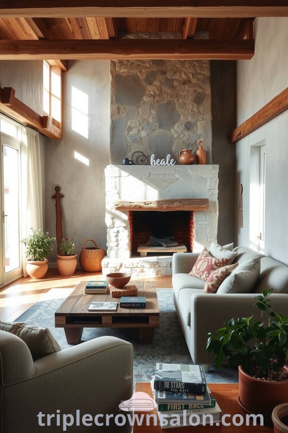 Cozy rustic living room with weathered wooden beams, stone fireplace, plush sofa with handmade quilts, and reclaimed wood coffee table displaying well-loved books, offering inspiring decor ideas for a cozy home at triplecrownsalon.com.