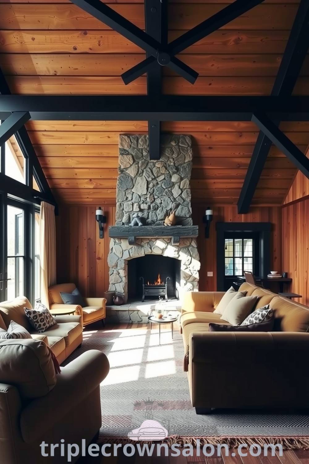 Cozy rustic living room featuring black-painted wooden beams, a stone fireplace with a gentle flame, oversized earthy furniture, and a handwoven rug, showcasing inviting decor inspirations and unique ideas for your home at fireplacesandwoodstoves.com.