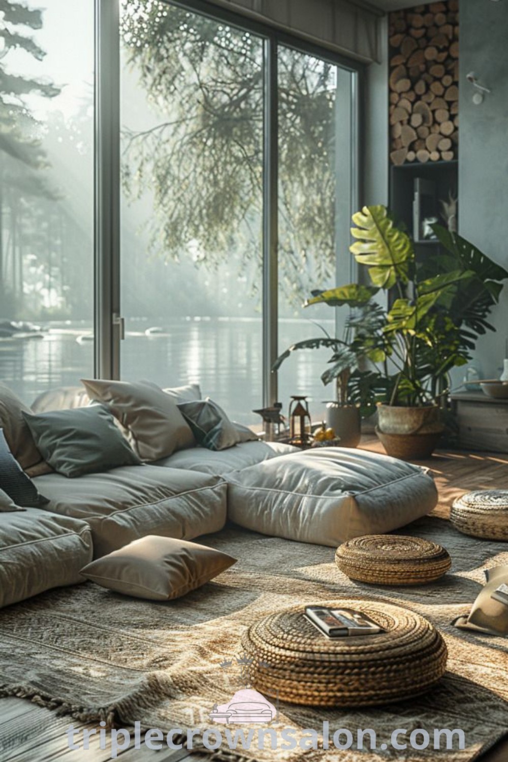 A cozy urban jungle living room filled with furniture and pillows on a wooden floor, showcasing modern side table designs and a soft cozy aesthetic. This inviting space offers decor ideas for small apartments and inspiration for creating a jungle-themed retreat. For more ideas on inspiring decor, visit triplecrownsalon.com.