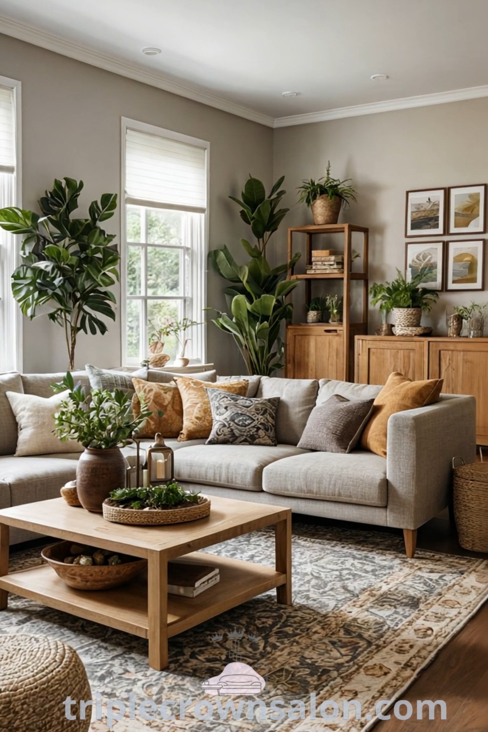 A cozy Boho farmhouse living room with a grey couch, natural colors, and decor inspirations featuring beige and brown tones. This inviting space showcases a granola living room aesthetic, offering unique ideas for your home. Find more cozy decor ideas at wellnesswink.com.