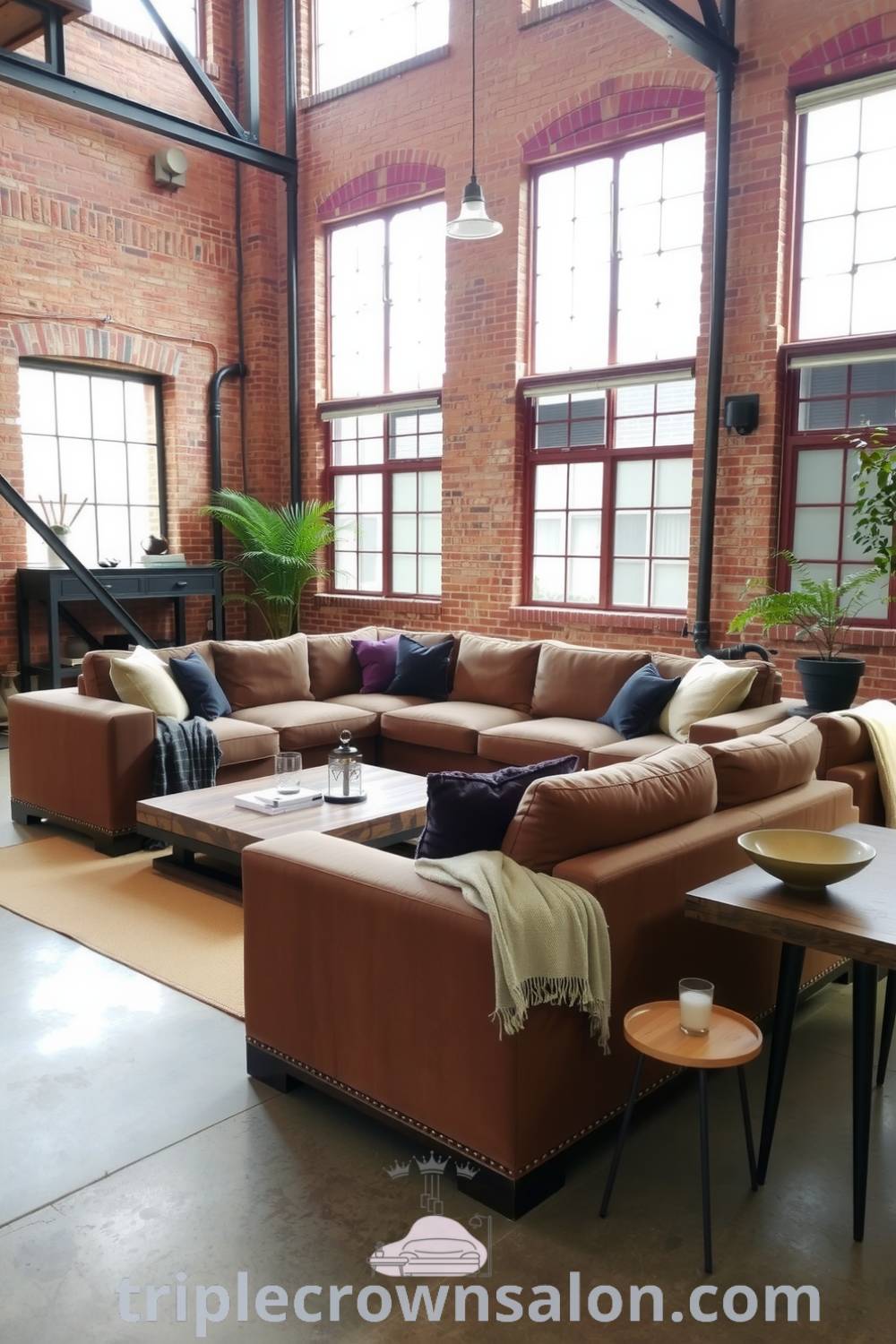 Spacious industrial living room with exposed brick walls, large windows allowing natural light, weathered wooden furniture, sleek metal accents, and a cozy oversized sectional with textured throws, offering design ideas and inspirations for a cozy aesthetic on triplecrownsalon.com.