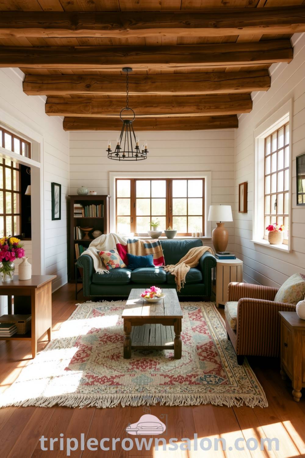 Cozy farmhouse living room featuring whitewashed walls, a leather couch with colorful throws, rustic wooden furniture, and a plush rug, creating an inviting and warm atmosphere. Find inspiring decor ideas for small spaces at triplecrownsalon.com.