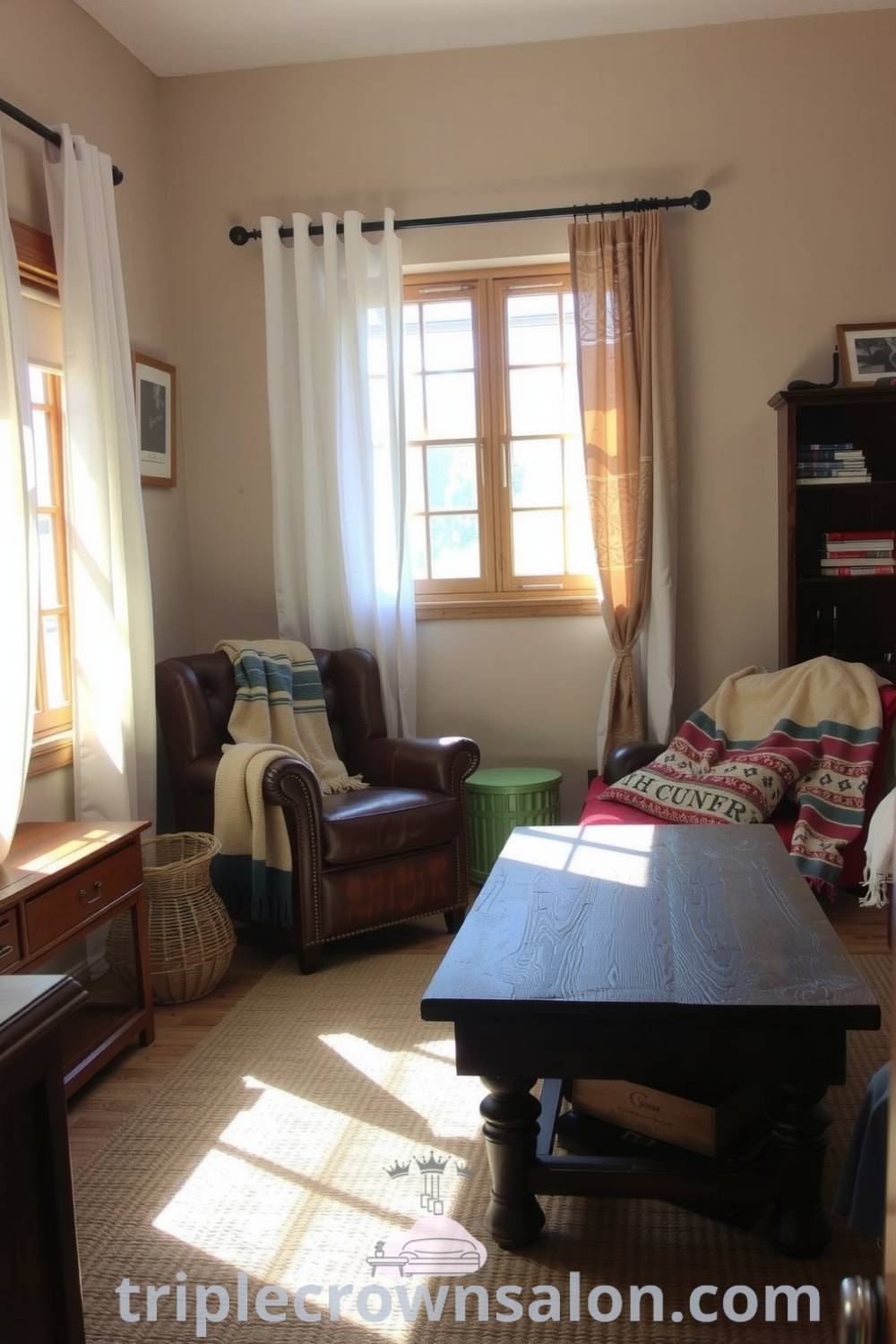 Rustic living room with soft beige walls, mismatched vintage furniture including a cracked leather armchair and reclaimed wood coffee table, enhanced by cozy throws and sunlight, creating a warm and inviting atmosphere. Visit triplecrownsalon.com for inspiring decor ideas for your home.