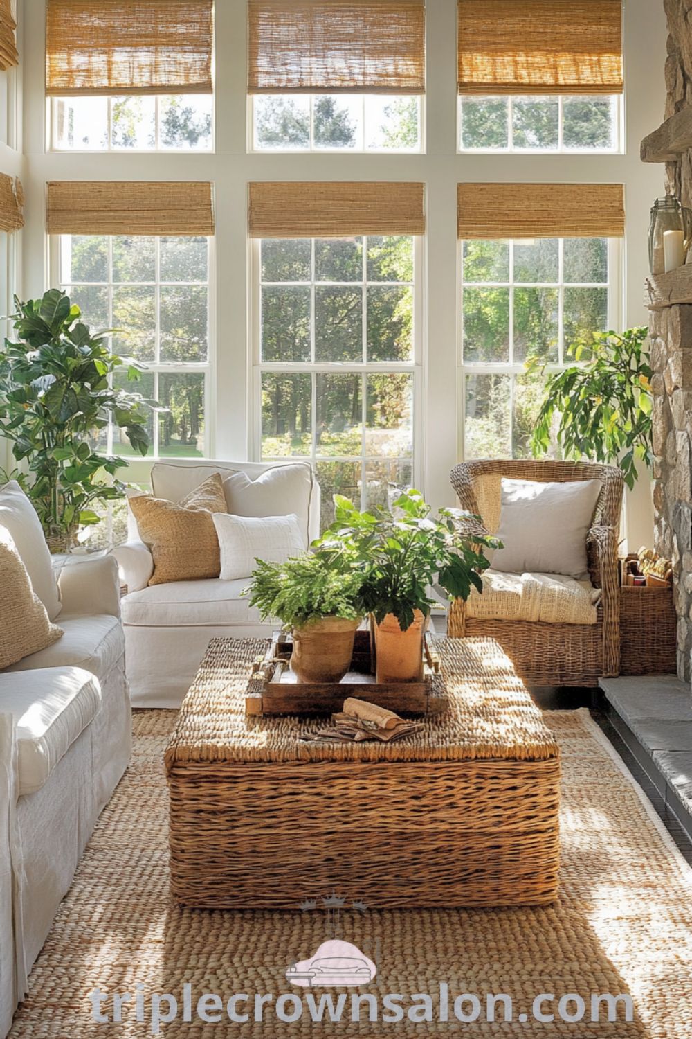A nature-inspired living room featuring cozy wicker seating, a reclaimed wood coffee table, a stone fireplace, leafy potted plants, and a woven area rug. This inviting space showcases design ideas that blend earth tones and natural materials for a serene atmosphere, perfect for relaxing in your home. Visit triplecrownsalon.com for more cozy ideas and decor inspirations.