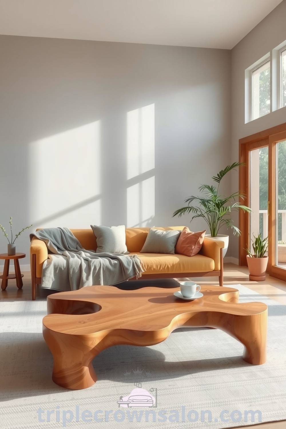 Japandi living room featuring soft grey walls, natural wood furniture, a low-profile sofa with cozy textiles, a handcrafted coffee table, large sunlight-filled windows, and potted plants, offering cozy ideas and decor inspirations for your home at triplecrownsalon.com.