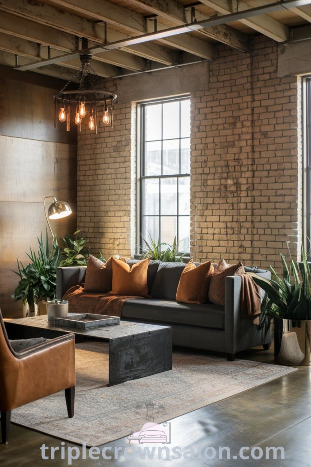 An industrial modern living room featuring raw materials, urban decor, and cozy elements, showcasing unique ideas for your home. This design exemplifies industrial living room ideas perfect for apartments or houses, offering decor inspirations, cozy aesthetics, and tips for small spaces. Visit triplecrownsalon.com for more decor ideas.