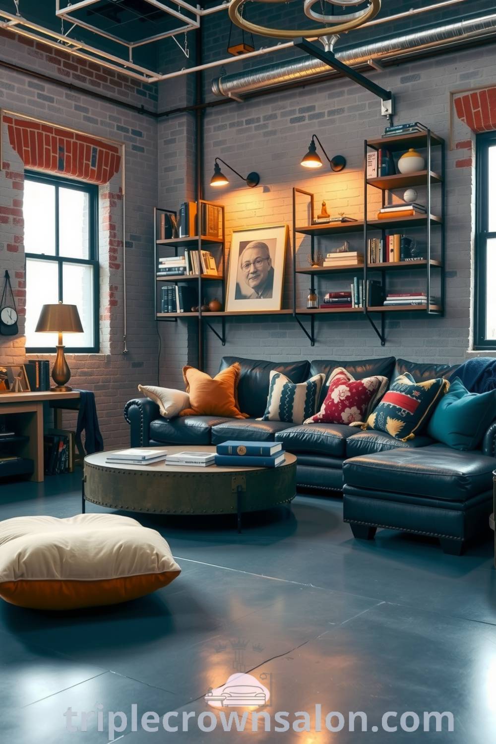 Industrial living room featuring grey exposed brick walls, polished concrete floors, a rugged leather sofa with mismatched pillows, reclaimed wood shelves with vintage trinkets, and warm ambient lighting. Discover inspiring decor ideas for your home at triplecrownsalon.com.