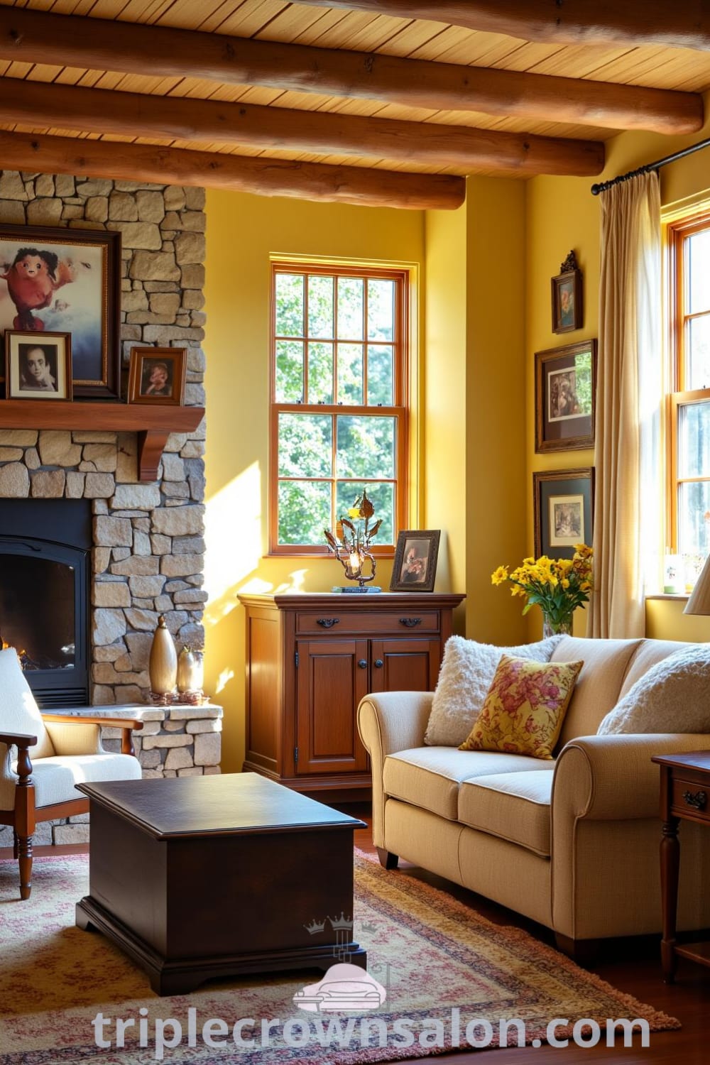 Sunlit rustic living room with yellow walls, weathered wood furniture, and a plush sofa surrounded by mismatched chairs, featuring family photos on the walls and an area rug, offering cozy ideas for home decor inspirations at fireplacesandwoodstoves.com.