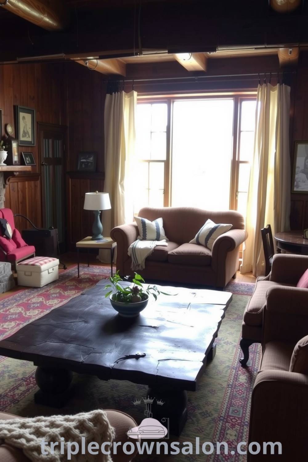Cozy farmhouse living room with rich wooden textures, warm brown hues, hand-carved coffee table, mismatched sofas with throws, rustic stone fireplace, and sunlight filtering through sheer curtains, offering design ideas for a cozy home at triplecrownsalon.com.