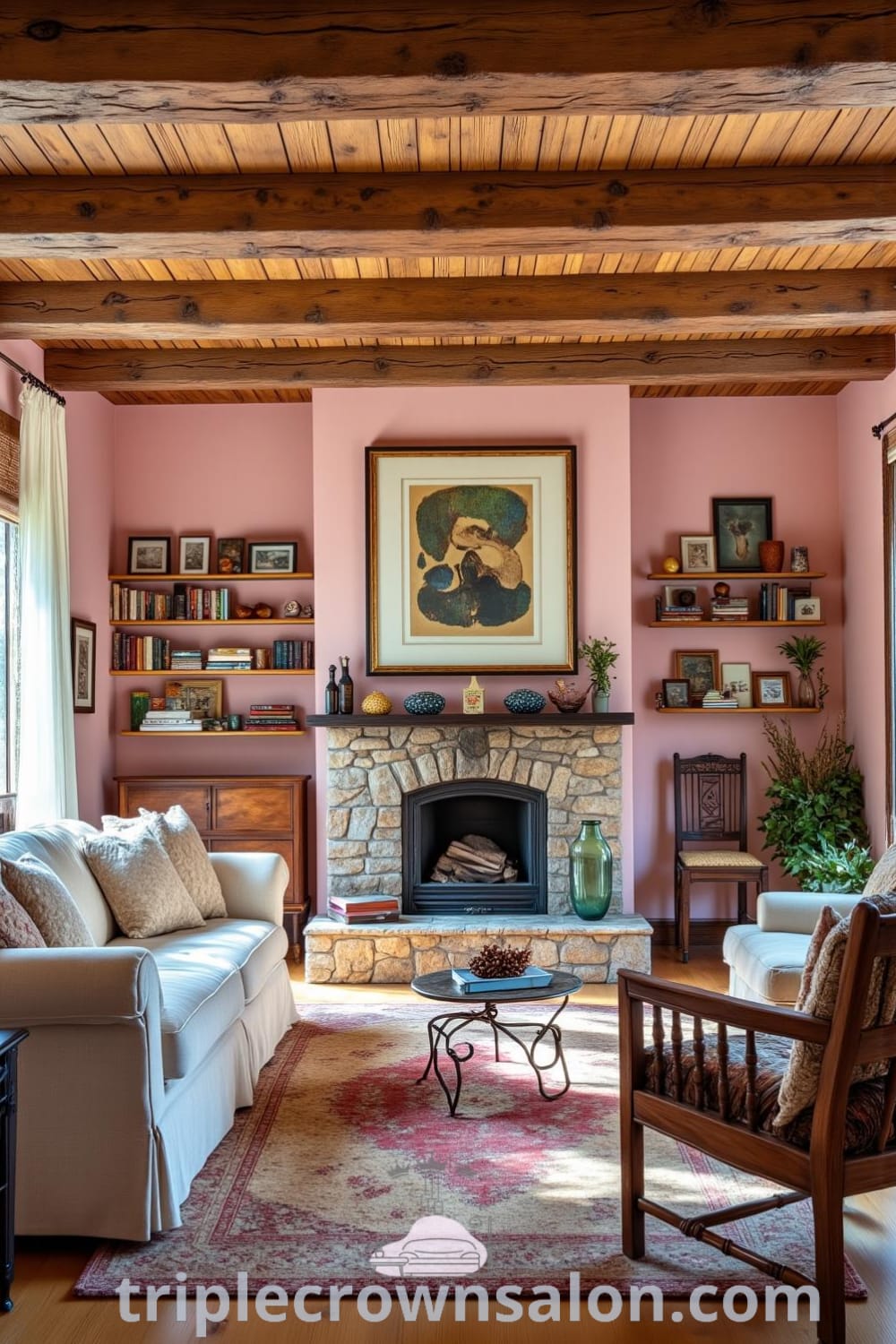 Rustic living room with soft pink walls, exposed wooden beams, a stone fireplace, and oversized furniture, featuring cozy decor ideas and design inspirations for creating an inviting atmosphere, as seen on fireplacesandwoodstoves.com.