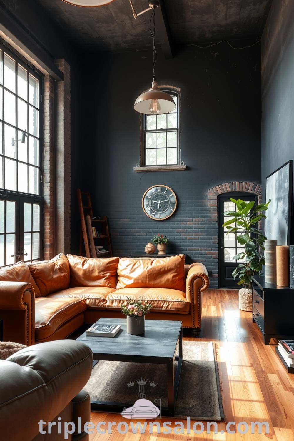 Cozy industrial living room with black walls, raw concrete and exposed brick accents, a worn leather sofa, metal decor elements, and large windows allowing natural light, providing inspiring decor ideas for cozy homes on triplecrownsalon.com.