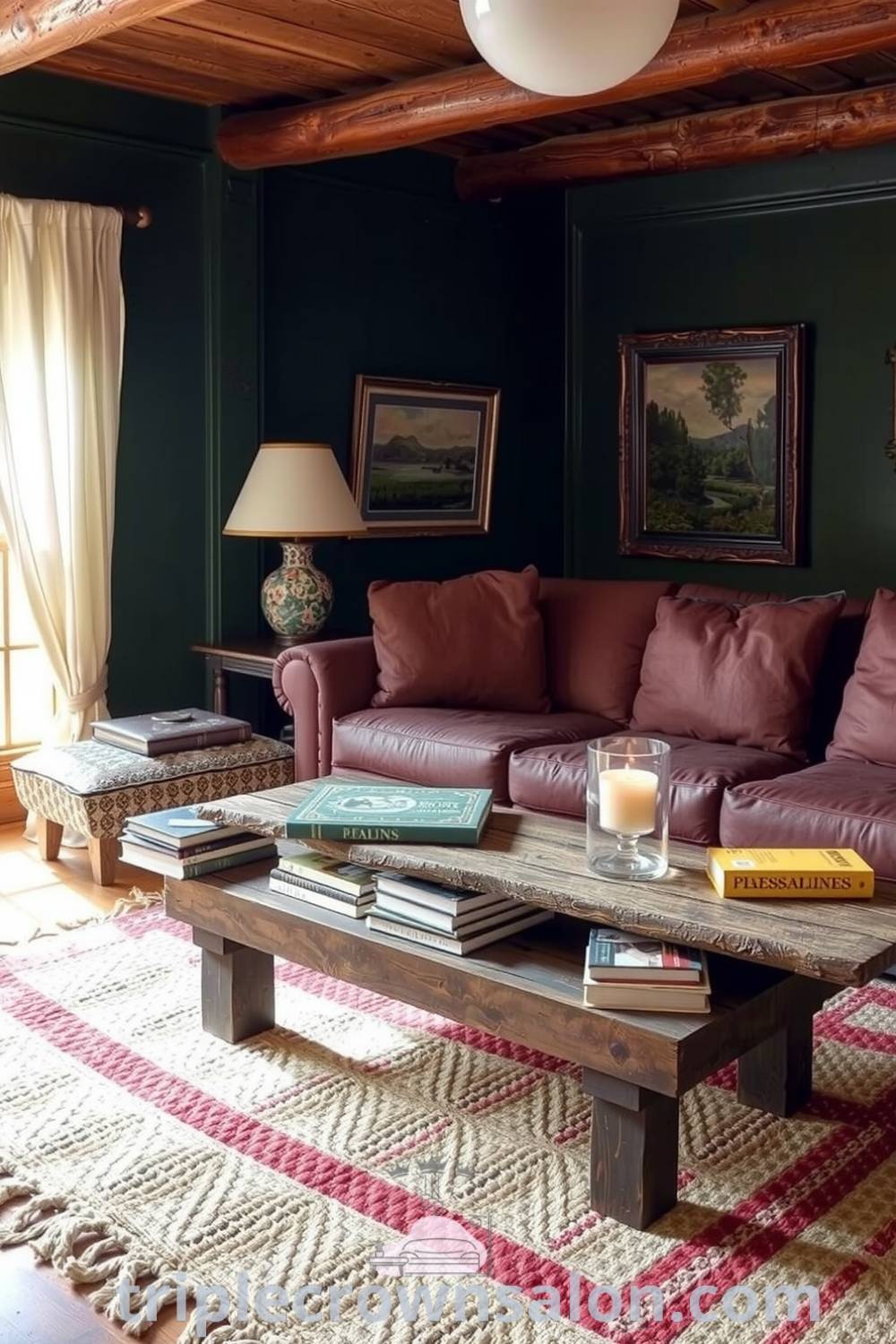Rustic living room with deep green walls, a plush sofa, a reclaimed wood coffee table adorned with books and a candle, illuminated by sunlight through sheer curtains, showcasing cozy home decor ideas and inspirations from fireplacesandwoodstoves.com.