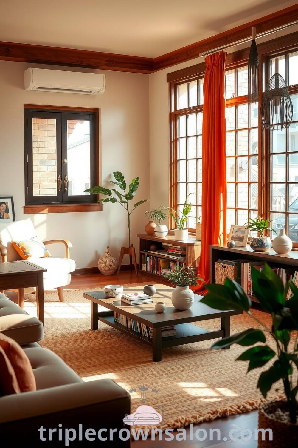 Japandi living room with warm orange accents, large windows letting in natural light, rich wooden furniture, a soft rug, plants, and minimalist decor, creating a cozy atmosphere and inspiring design ideas for any home, mentioned at triplecrownsalon.com.