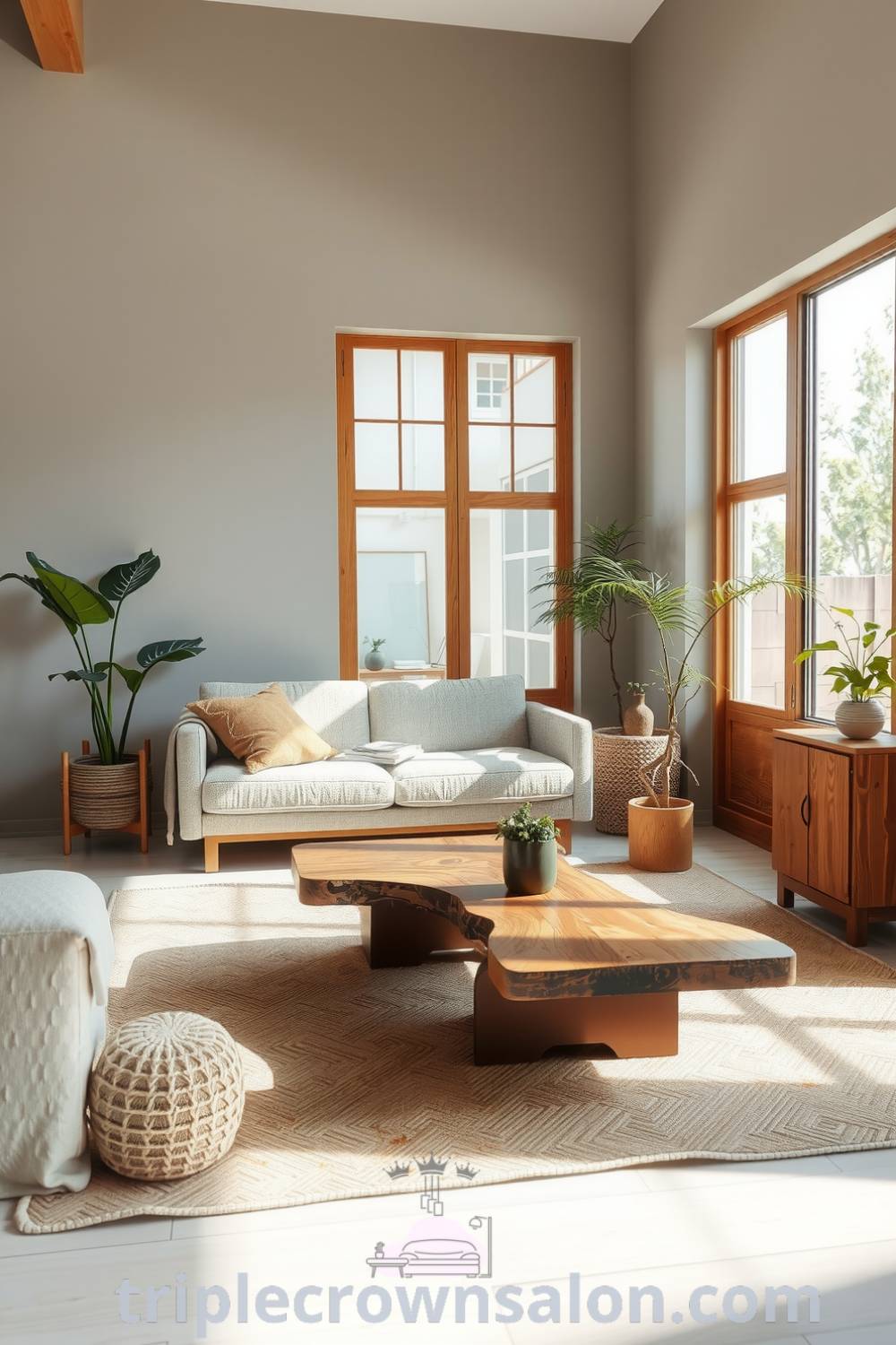 Japandi living room with soft grey walls, natural wood accents, a low-profile sofa, reclaimed wood coffee table, large windows, woven rug, and potted plants, showcasing cozy design ideas for your home at triplecrownsalon.com.