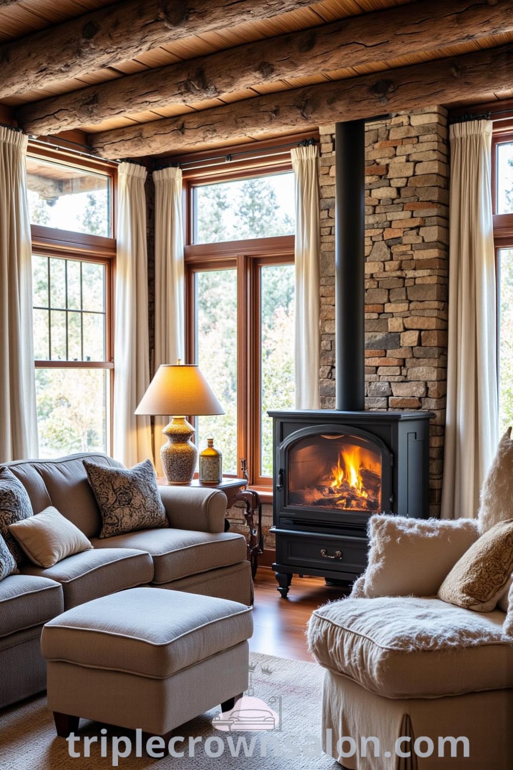Rustic living room featuring wooden beams, a plush armchair by a fireplace, and natural light filtering through linen curtains, creating a cozy and inviting atmosphere with unique decor ideas, inspiring warmth for your home at fireplacesandwoodstoves.com.
