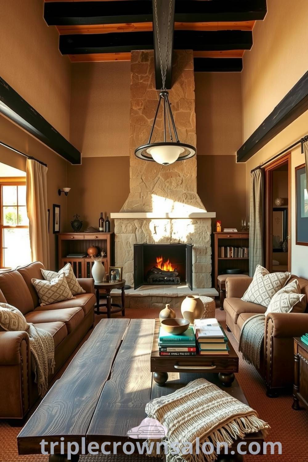 Rustic living room featuring weathered beams, an overstuffed sofa, and a cozy stone fireplace, enhanced by handmade pottery and books, providing cozy ideas for your home, inspiring decor inspirations from fireplacesandwoodstoves.com.