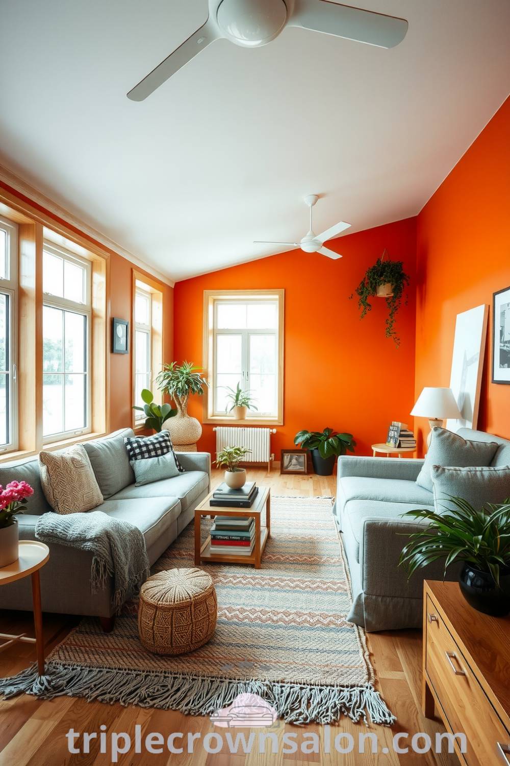 Cozy Scandinavian living room featuring warm orange hues, natural wood accents, plush textiles, a handwoven rug, large windows, and minimalist decor inspiring ideas for your home at triplecrownsalon.com.