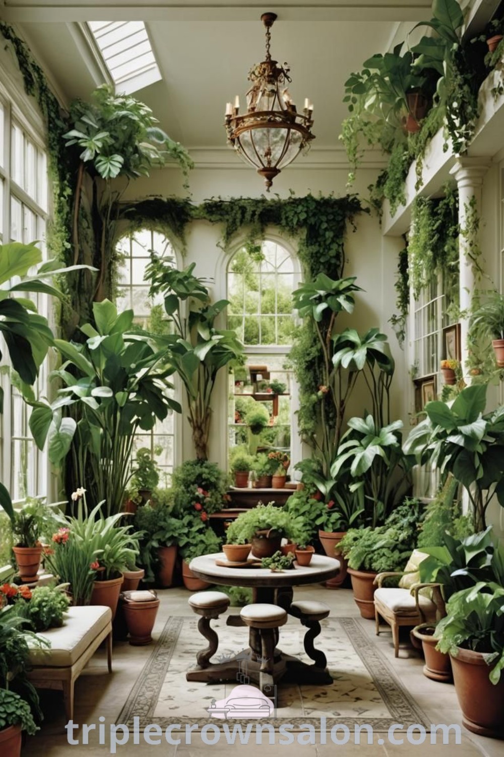 An inviting indoor conservatory garden filled with various potted plants alongside a chandelier provides decor ideas for small spaces. This inspiring sunroom showcases designs and inspirations for creating a cozy home environment, ideal for plant lovers. More unique ideas at triplecrownsalon.com.