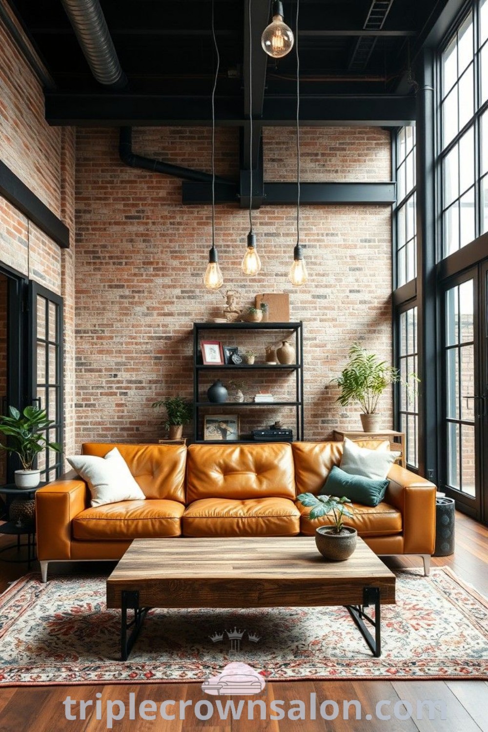 A Mid Century Industrial Living Room showcasing edgy decor and cozy elements, featuring industrial lighting and stylish furnishings. This inviting space highlights modern industrial interior design inspirations for creating a chic home, with decor ideas perfect for small spaces. Discover more design ideas at triplecrownsalon.com.
