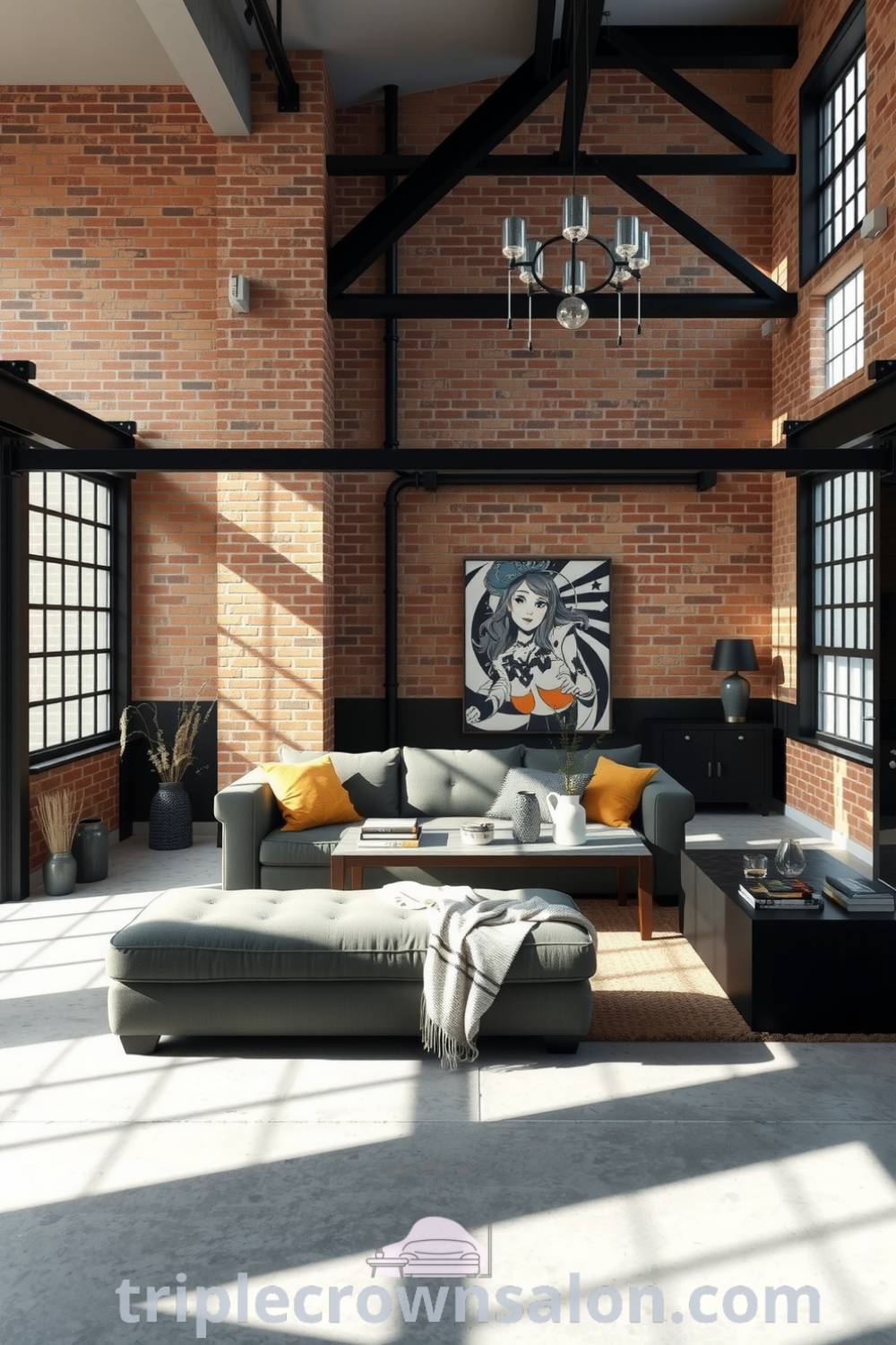 Cozy industrial living room with exposed brick walls, dark metal accents, plush sofa, soft textiles, and large windows, creating a warm and inviting atmosphere. Ideal for cozy home design ideas and decor inspirations at triplecrownsalon.com.