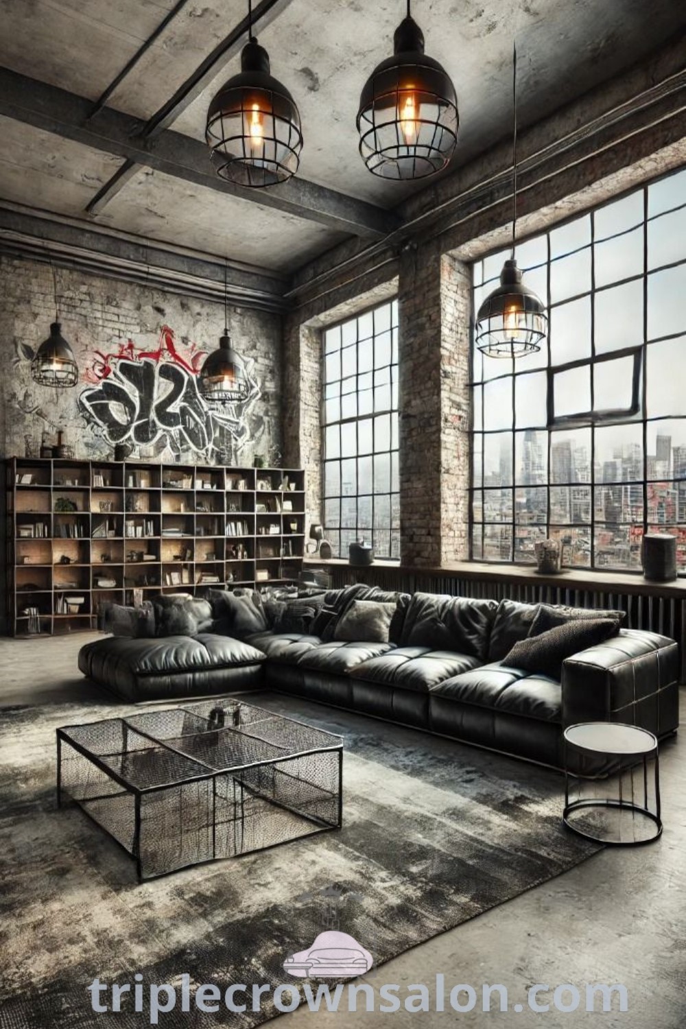 A stylish industrial living room featuring black leather sectionals, graffiti artwork, and bright natural light from large windows. This design showcases dark industrial aesthetics and includes black metal shelving, storage ladders, and inspiring ideas for cozy home decor. Discover more design tips at triplecrownsalon.com.