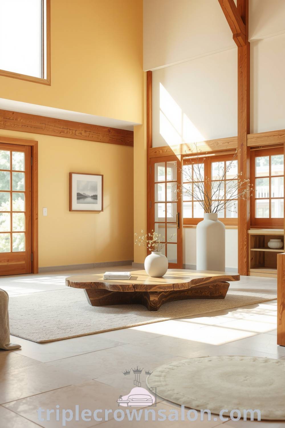 Cozy Japandi living room featuring soft yellow tones, natural wood accents, a handcrafted wooden coffee table, large windows, and delicate greenery, creating a soothing atmosphere perfect for relaxation and conversation. Visit triplecrownsalon.com for unique ideas and inspirations for your home.