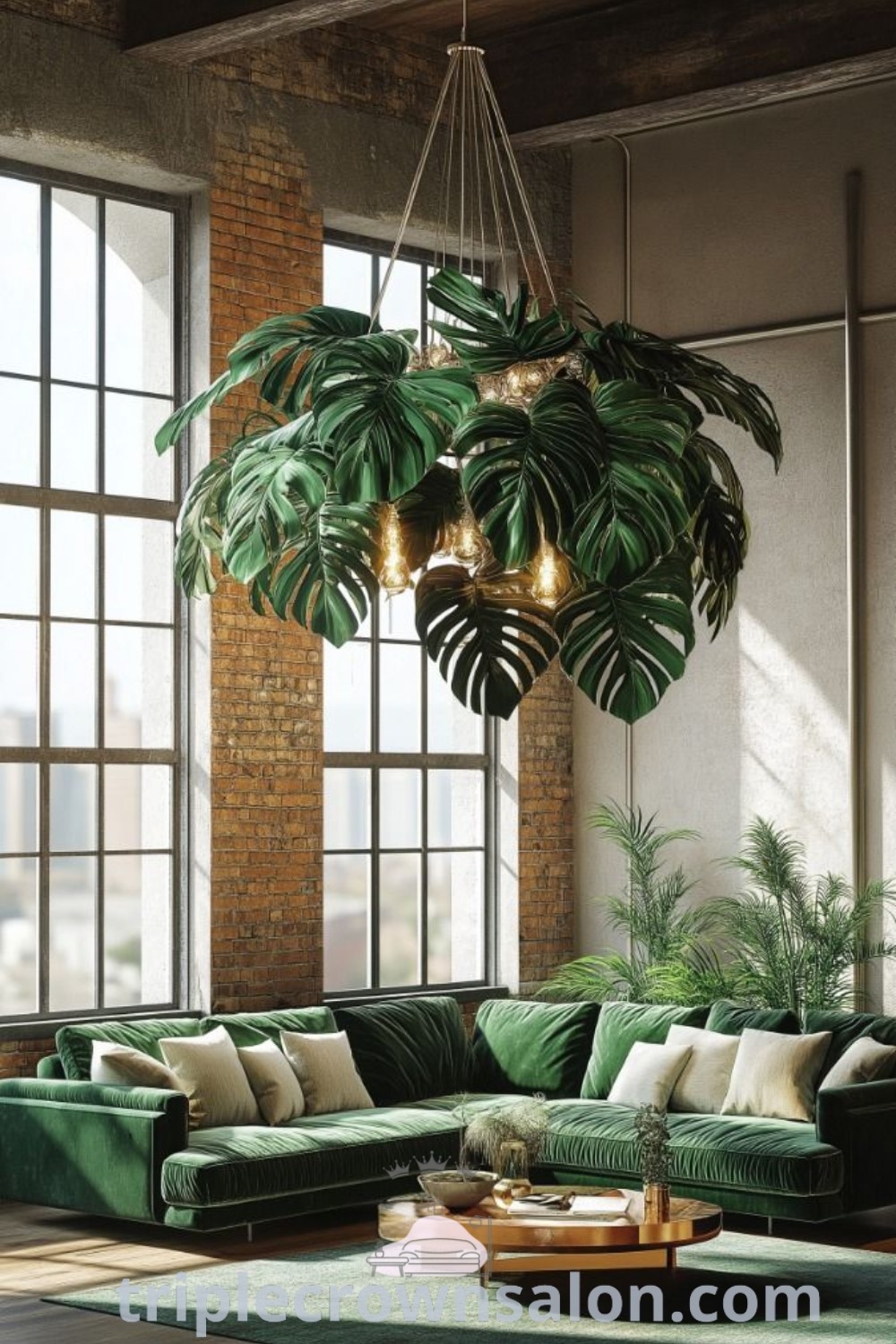 A beautiful living room featuring green furniture and large hanging plants, showcasing biophilic design and cozy decor ideas. This space inspires unique ideas for your home, including a plant chandelier and DIY lamp shades, to elevate your indoor atmosphere. Explore more inspirations at triplecrownsalon.com.