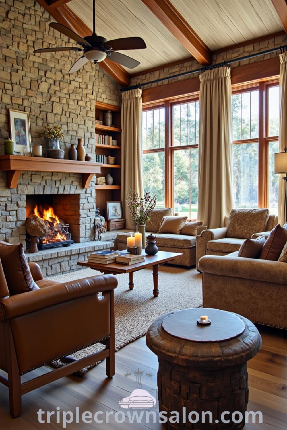 Rustic living room with hand-hewn furniture, a stone fireplace, and reclaimed wood floors, featuring a cozy leather armchair and a side table with a candle and books, showcasing inspiring decor ideas for your home on fireplacesandwoodstoves.com.