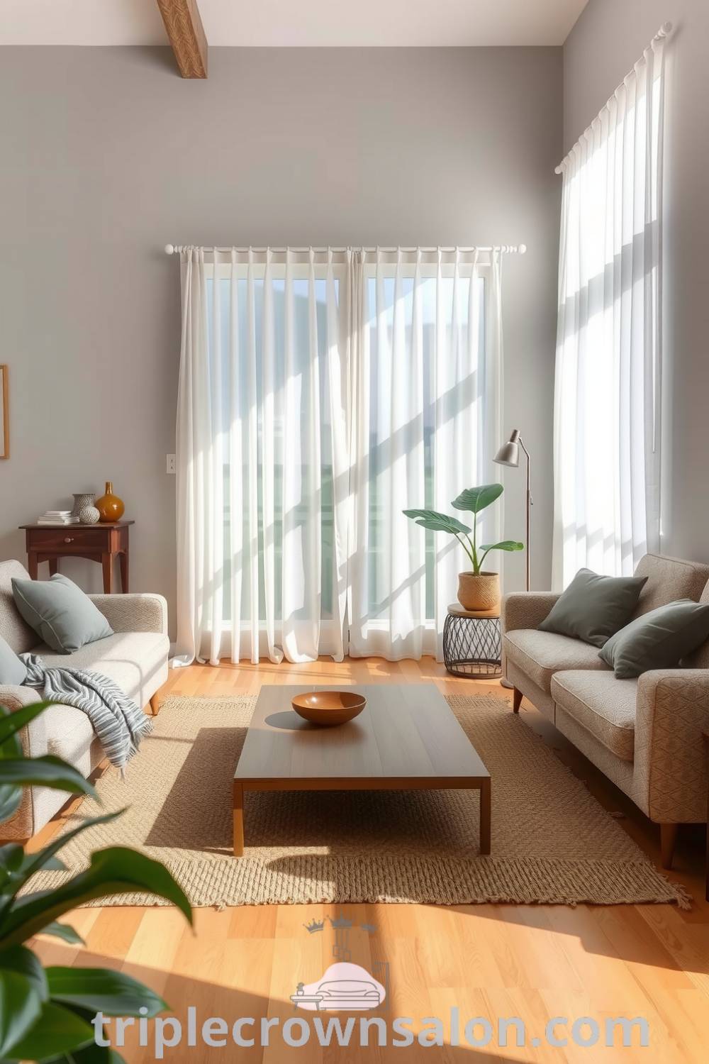 Japandi living room with soft grey tones, natural wood accents, minimalist coffee table, plush seating with earthy textiles, sheer curtains allowing sunlight, woven rug, and green plants, creating a cozy aesthetic and inspiring decor ideas for small spaces on triplecrownsalon.com.