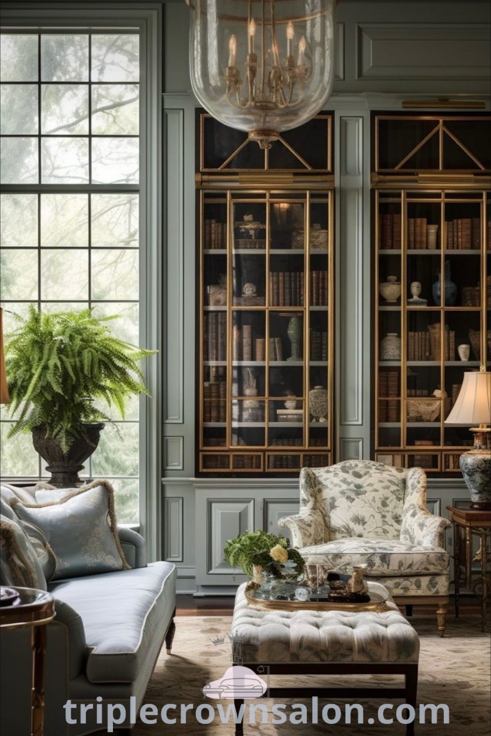 An elegant living room filled with furniture and a chandelier, showcasing Old European and Modern Traditional elements. This inviting space features design ideas that inspire cozy aesthetics perfect for homes or apartments. Discover unique decor inspirations at triplecrownsalon.com.