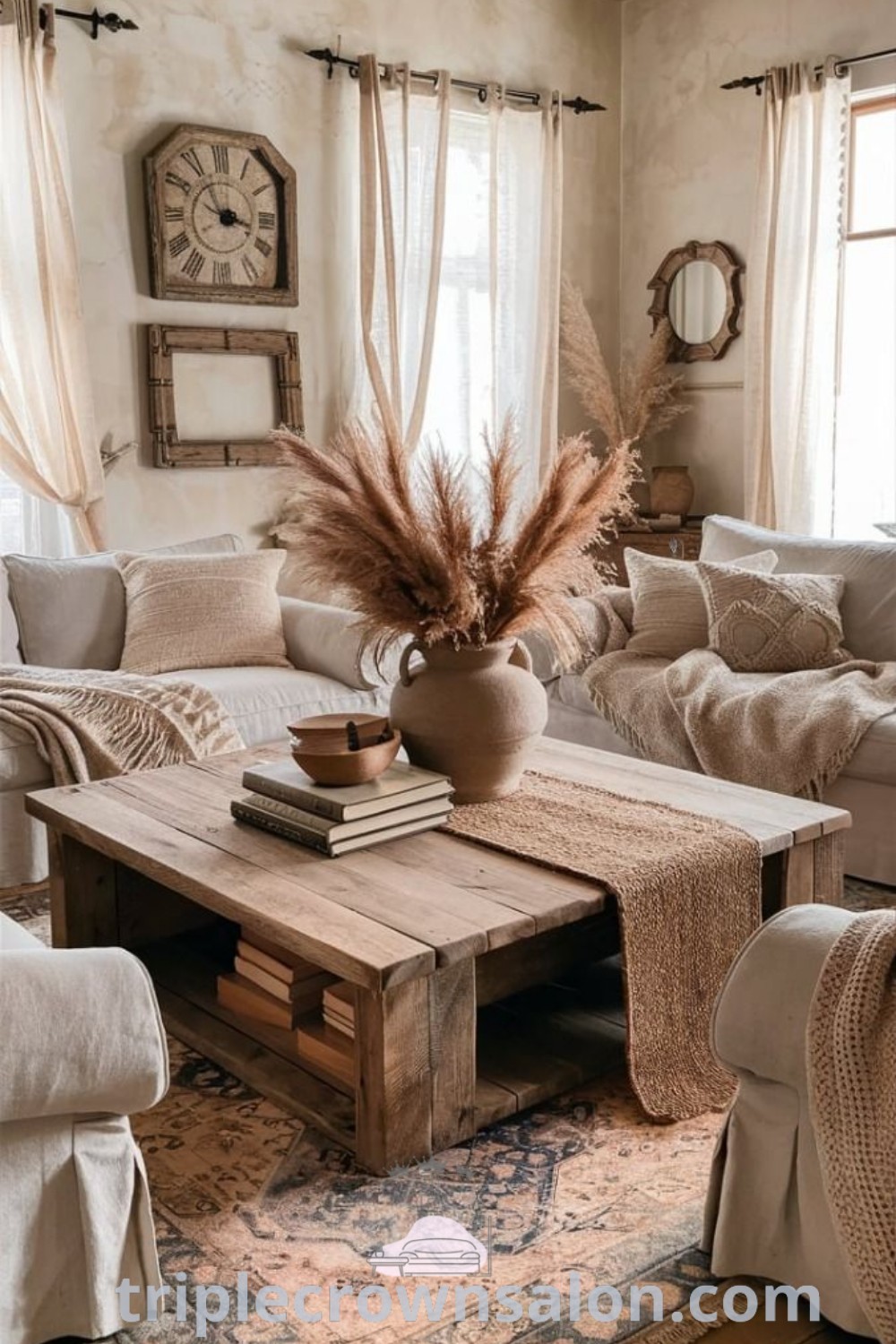 A cozy farmhouse living room filled with stylish furniture and decor ideas, showcasing grey and white accents, vintage elements, and inspiring decor inspirations. This space offers unique ideas for your home, emphasizing a cozy aesthetic and functional design tips. Explore more inspiring design ideas at triplecrownsalon.com.