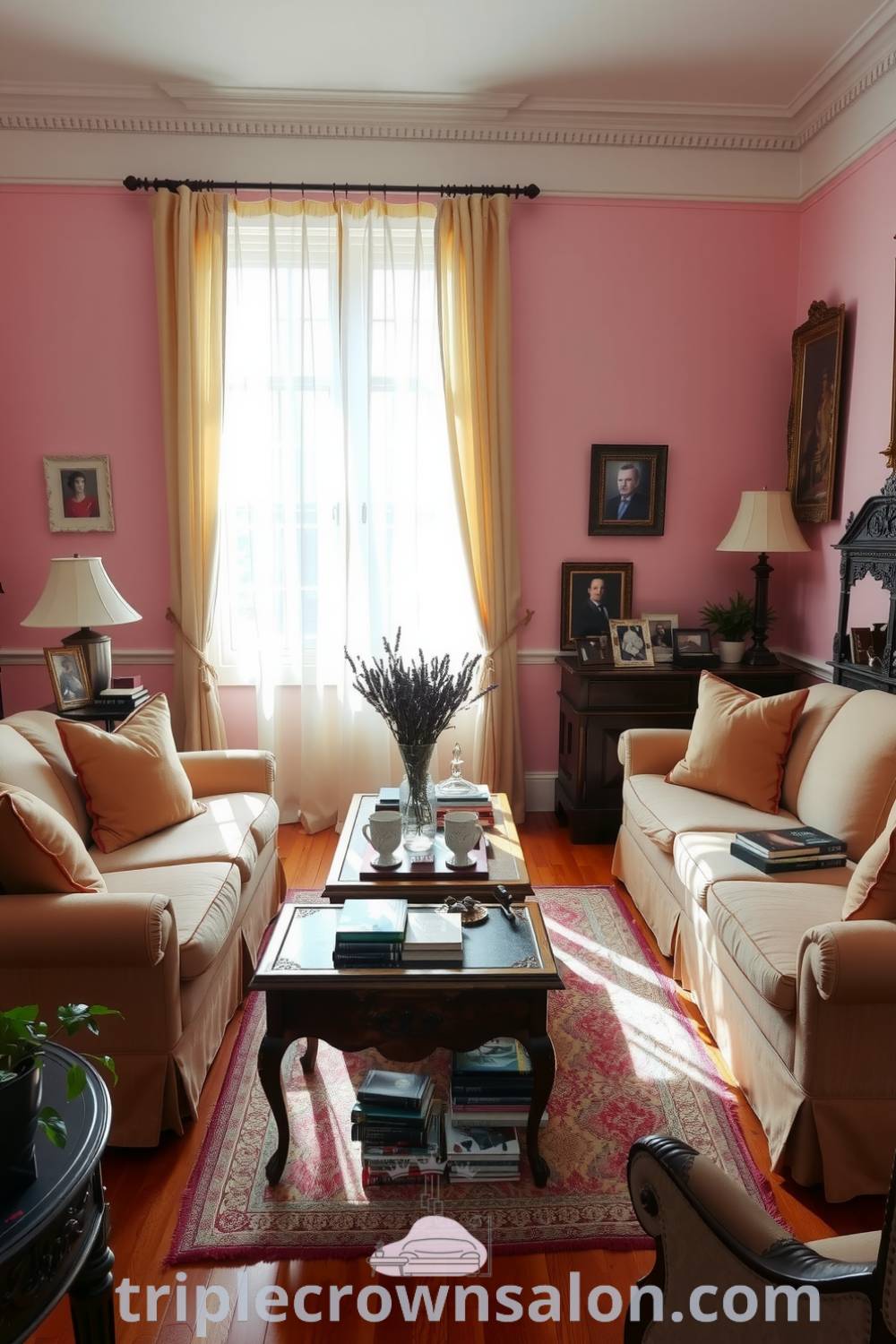 Cozy living room adorned in soft pink with plush sofas, rustic coffee table holding books, family photographs on the walls, and a vase of lavender, creating a warm and inviting atmosphere, perfect for home decor ideas, from fireplacesandwoodstoves.com.