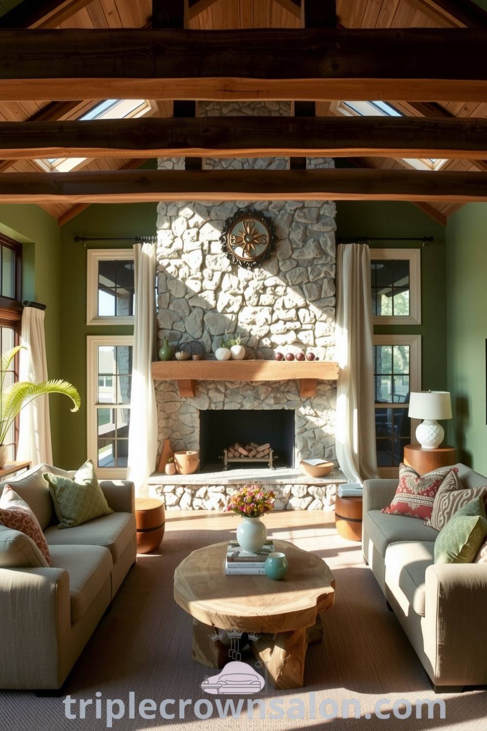 Cozy nature-inspired living room featuring green walls, natural wood accents, textured stone fireplace, plush cushions in earth tones, and sheer linen curtains, providing unique decor ideas for your home at triplecrownsalon.com.